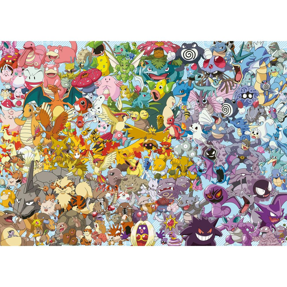 Un collage di molti personaggi Pokémon colorati disposti su uno sfondo azzurro.