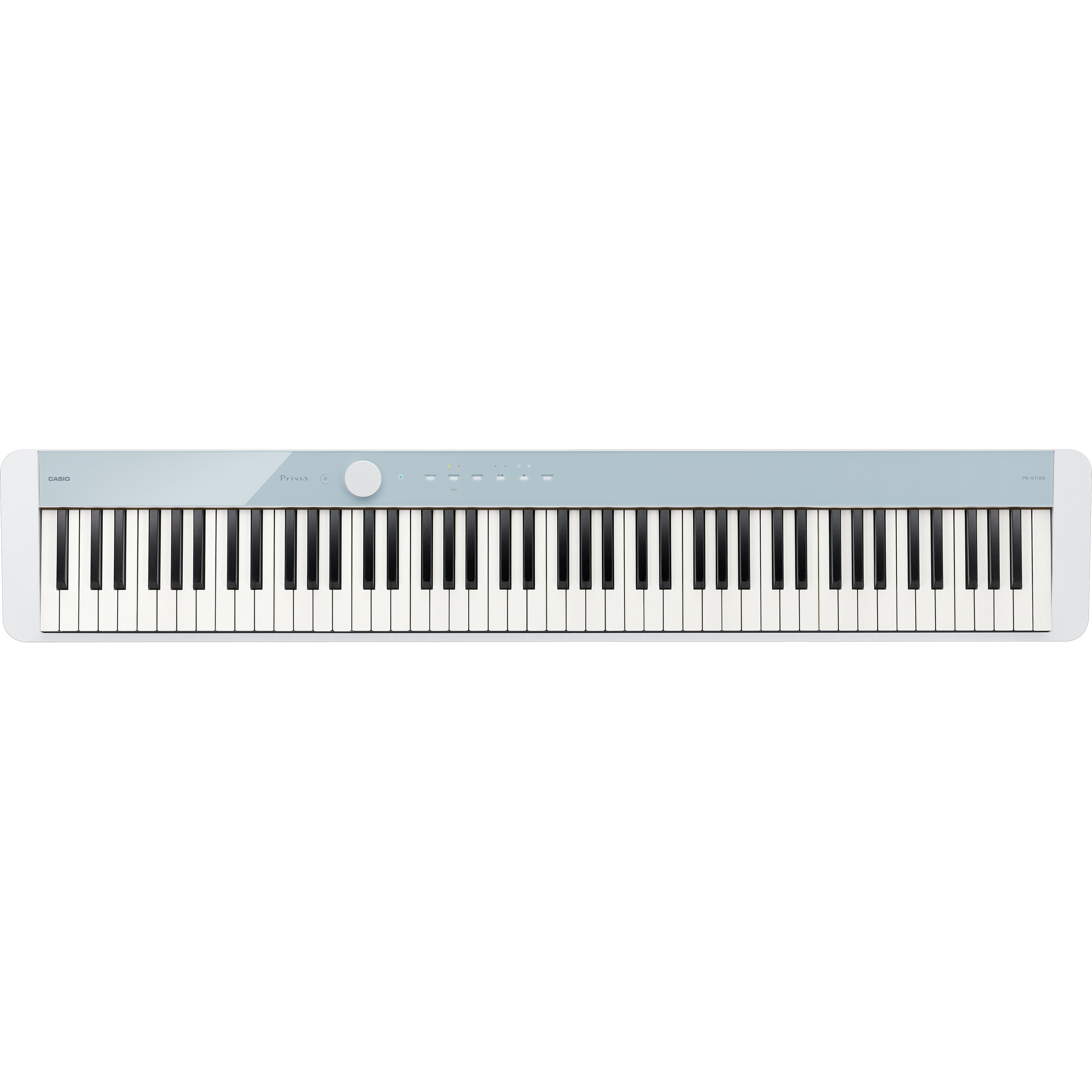 Ein schlankes, weißes und hellblaues Casio Privia Digitalpiano mit schwarzen und weißen Tasten.