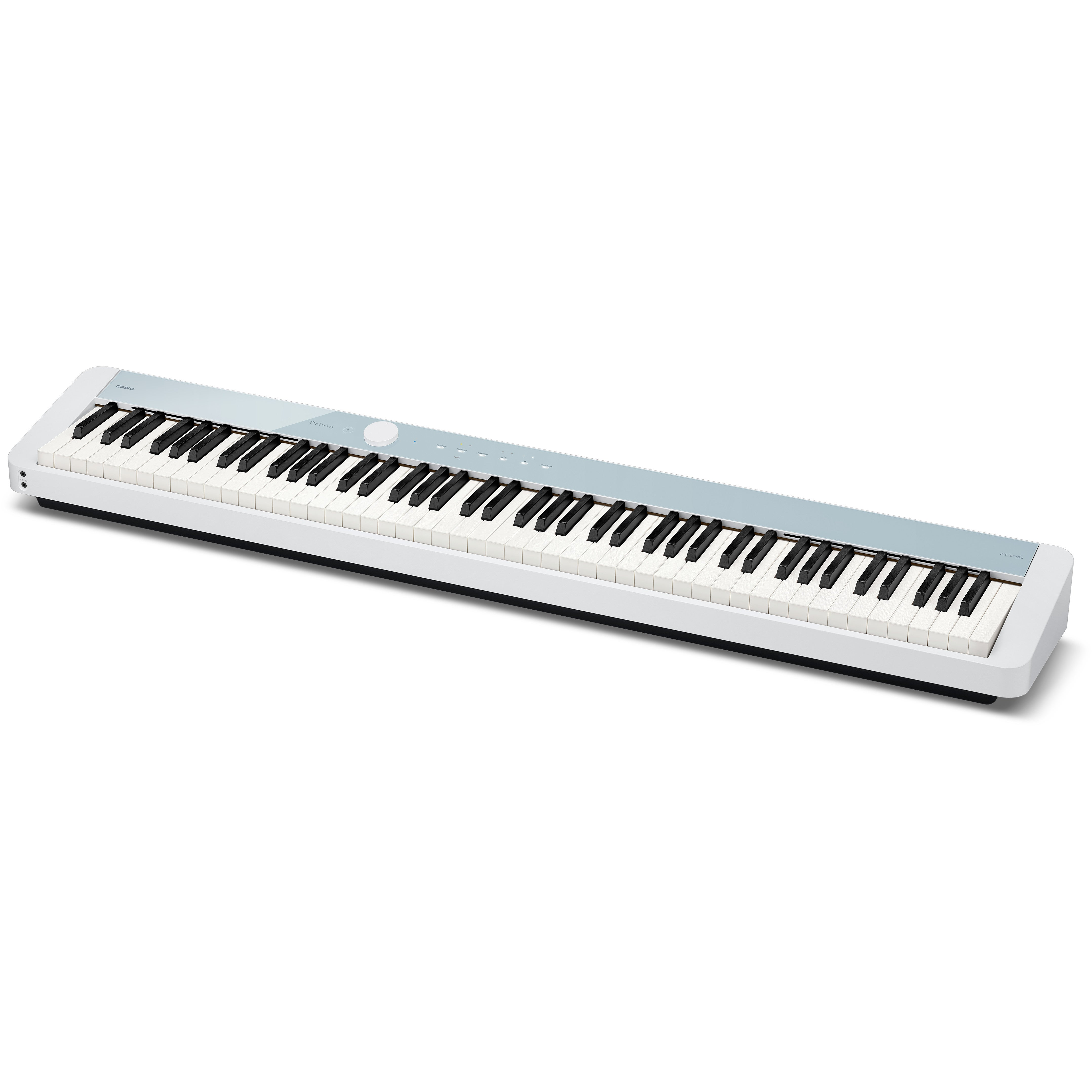 Ein schlankes, weißes Keyboard mit grauer Oberseite und schwarzen Tasten.