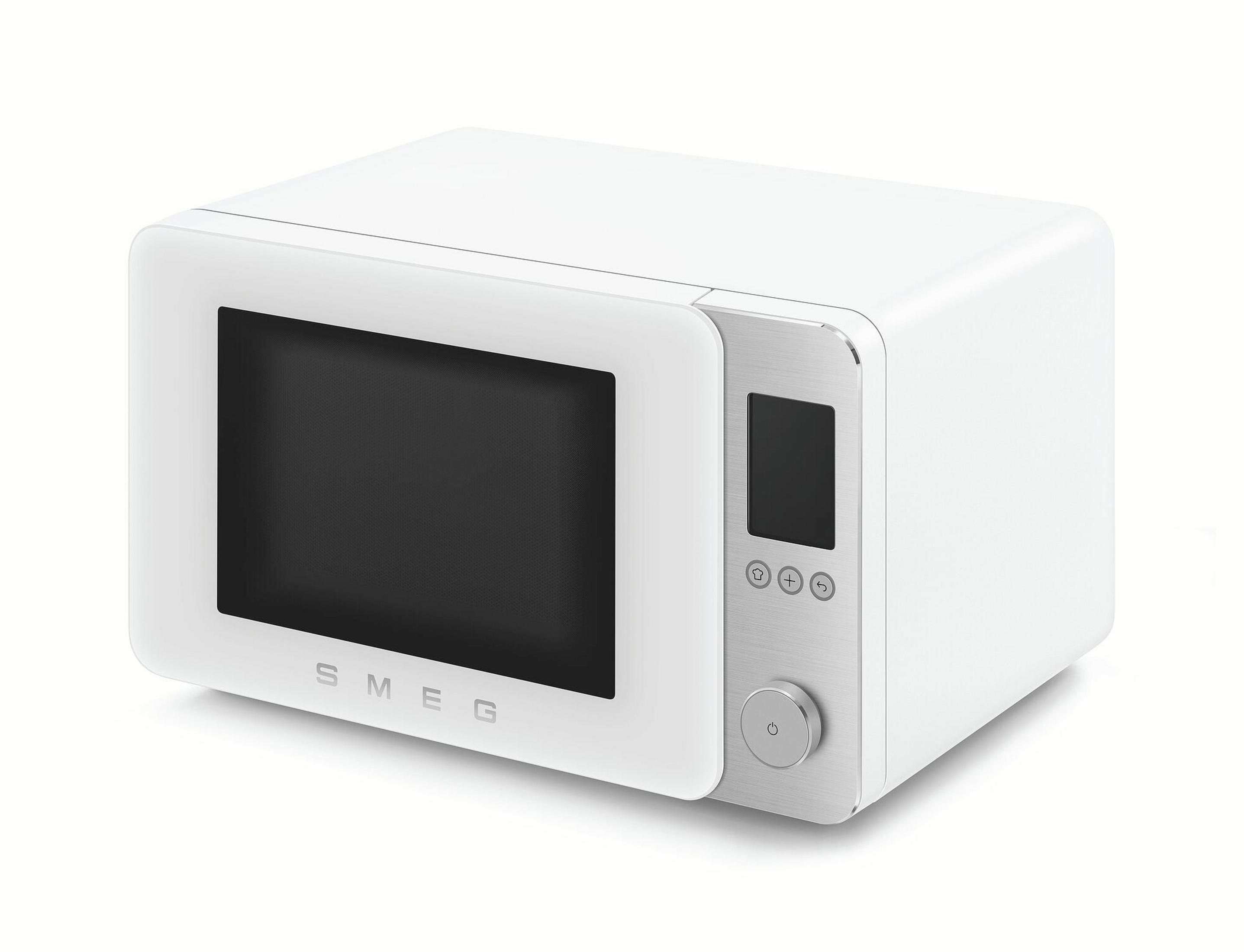 Un microondas Smeg blanco con controles plateados y ventana negra.