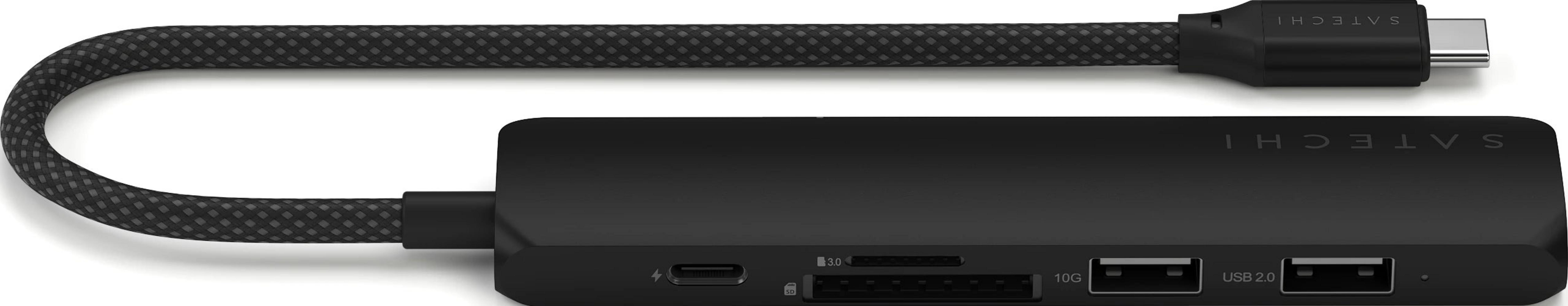 Schwarzer USB-C-Hub mit gewickeltem Kabel, SD-Kartensteckplatz, 10G-, USB 2.0-Ports.