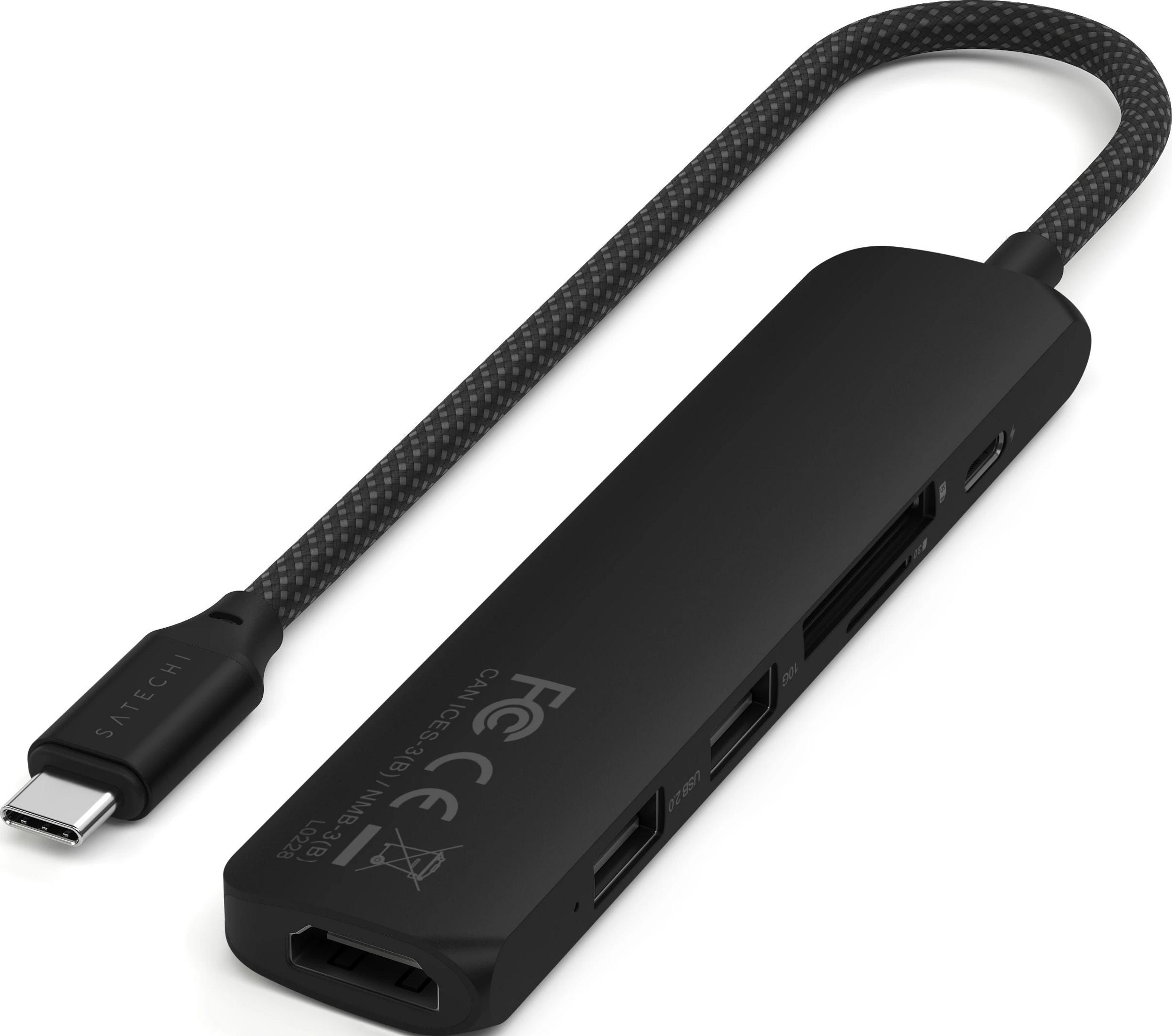 Schwarzer USB-C-Hub mit SD-Kartenleser, HDMI und USB-Anschlüssen.