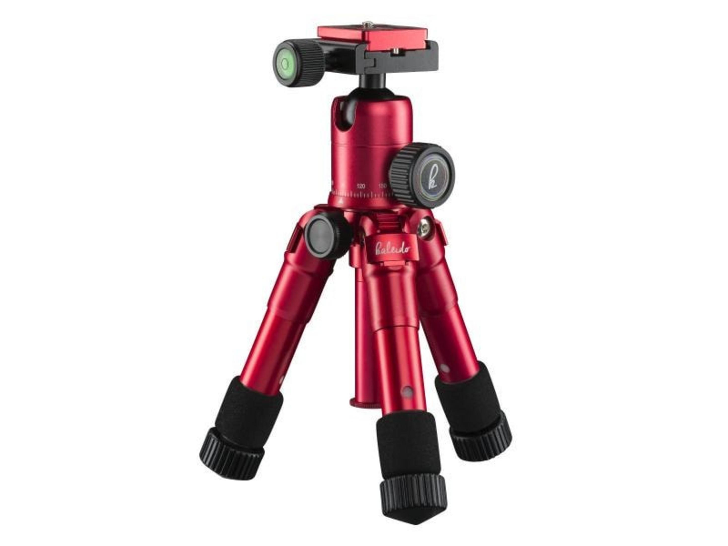 Czerwony mini statyw z czarnymi piankowymi uchwytami i mocowaniem aparatu.