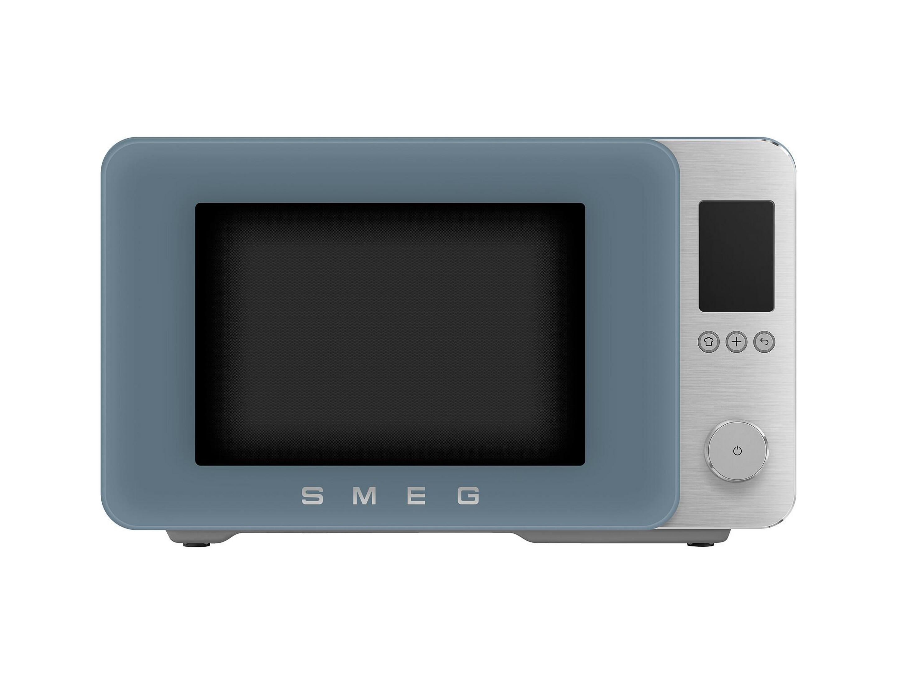 Ein blauer SMEG-Mikrowellenherd mit silberner Bedienblende und digitalem Display.