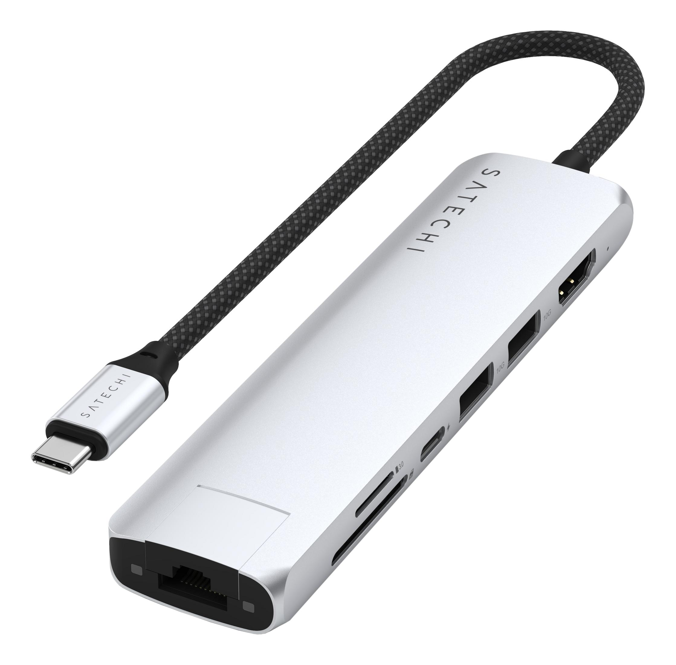 Ein silberner USB-C-Hub mit HDMI-, SD-Karten- und Ethernet-Anschlüssen.