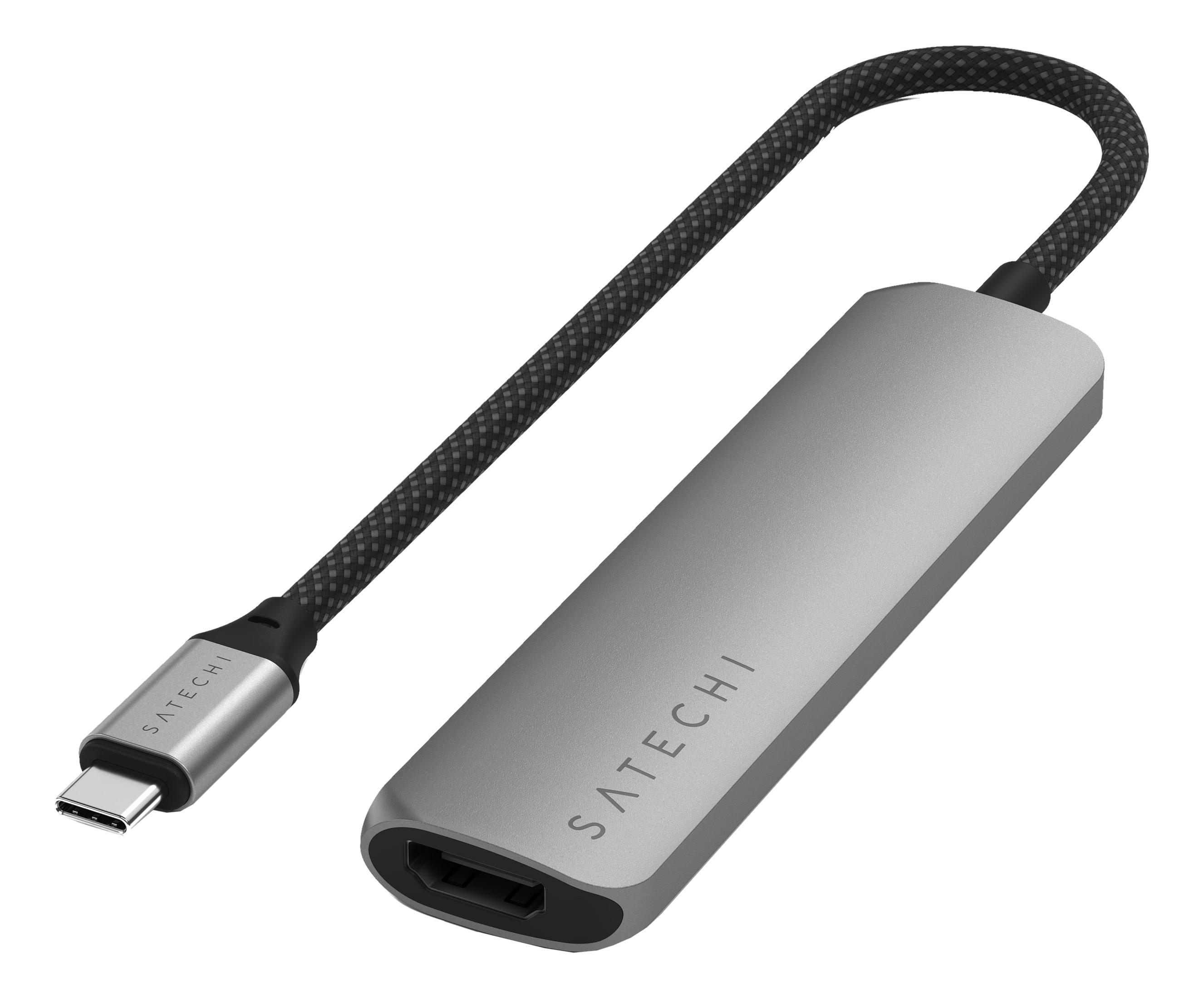 Silberner USB-C-Adapter mit HDMI-Anschluss und geflochtenem Kabel.