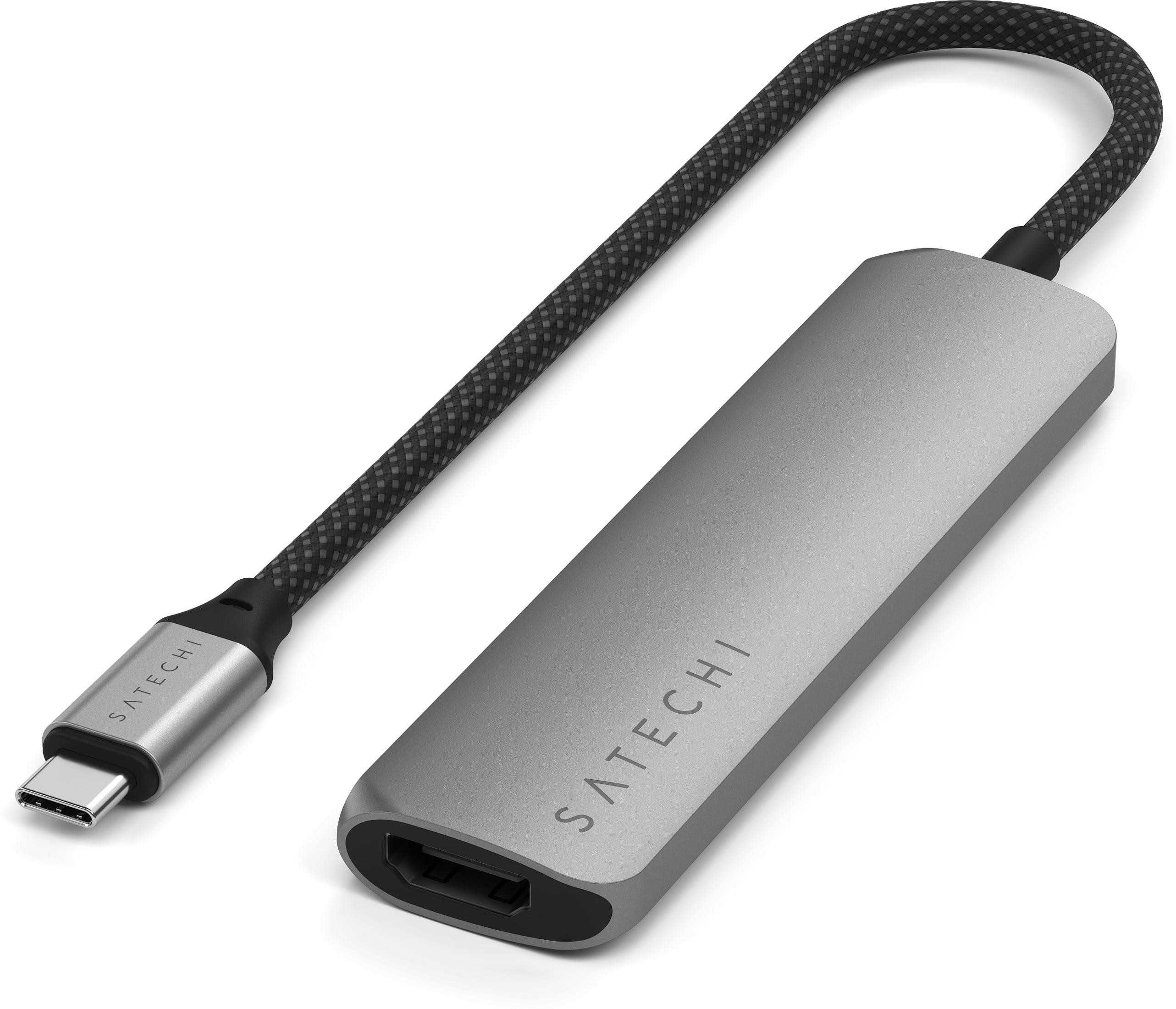 Grauer USB-C-Adapter mit HDMI- und USB-C-Anschluss und geflochtenem Kabel.