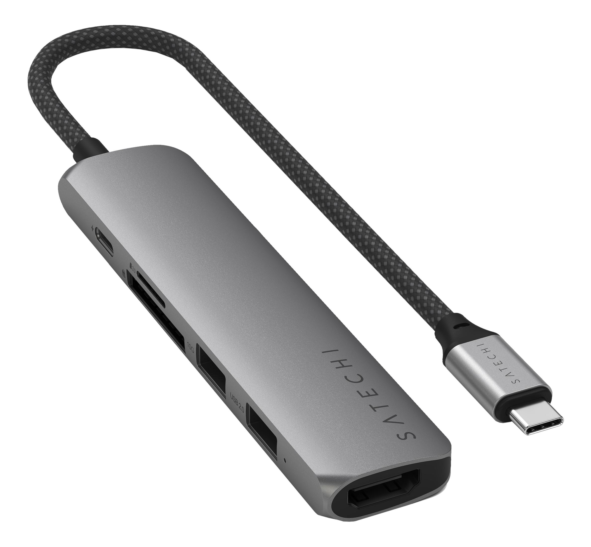 Grauer USB-C-Hub mit HDMI-, SD- und USB-Anschlüssen und einem geflochtenen Kabel.