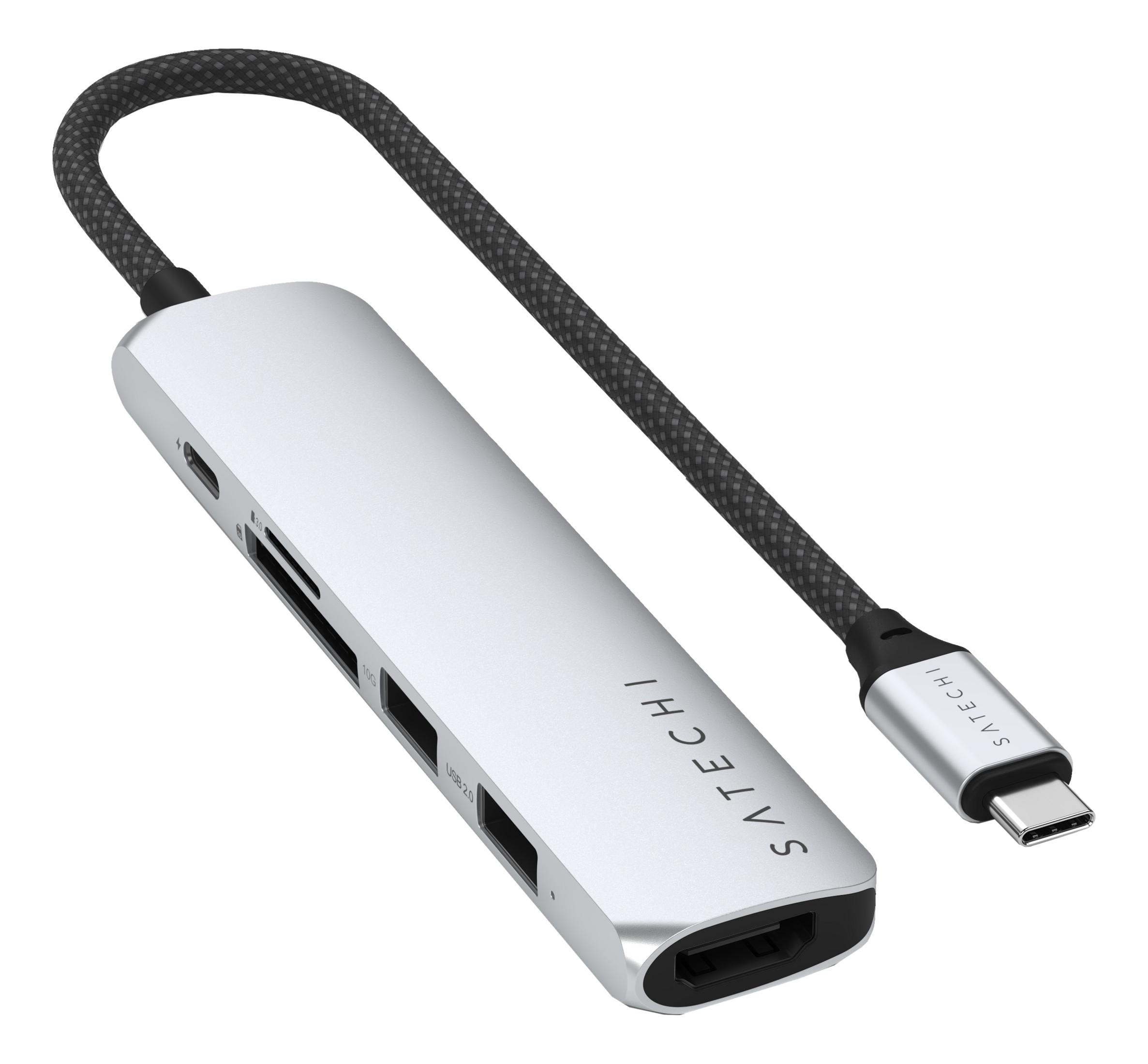 Hub USB-C argento con porte HDMI, USB-A e slot per schede SD.