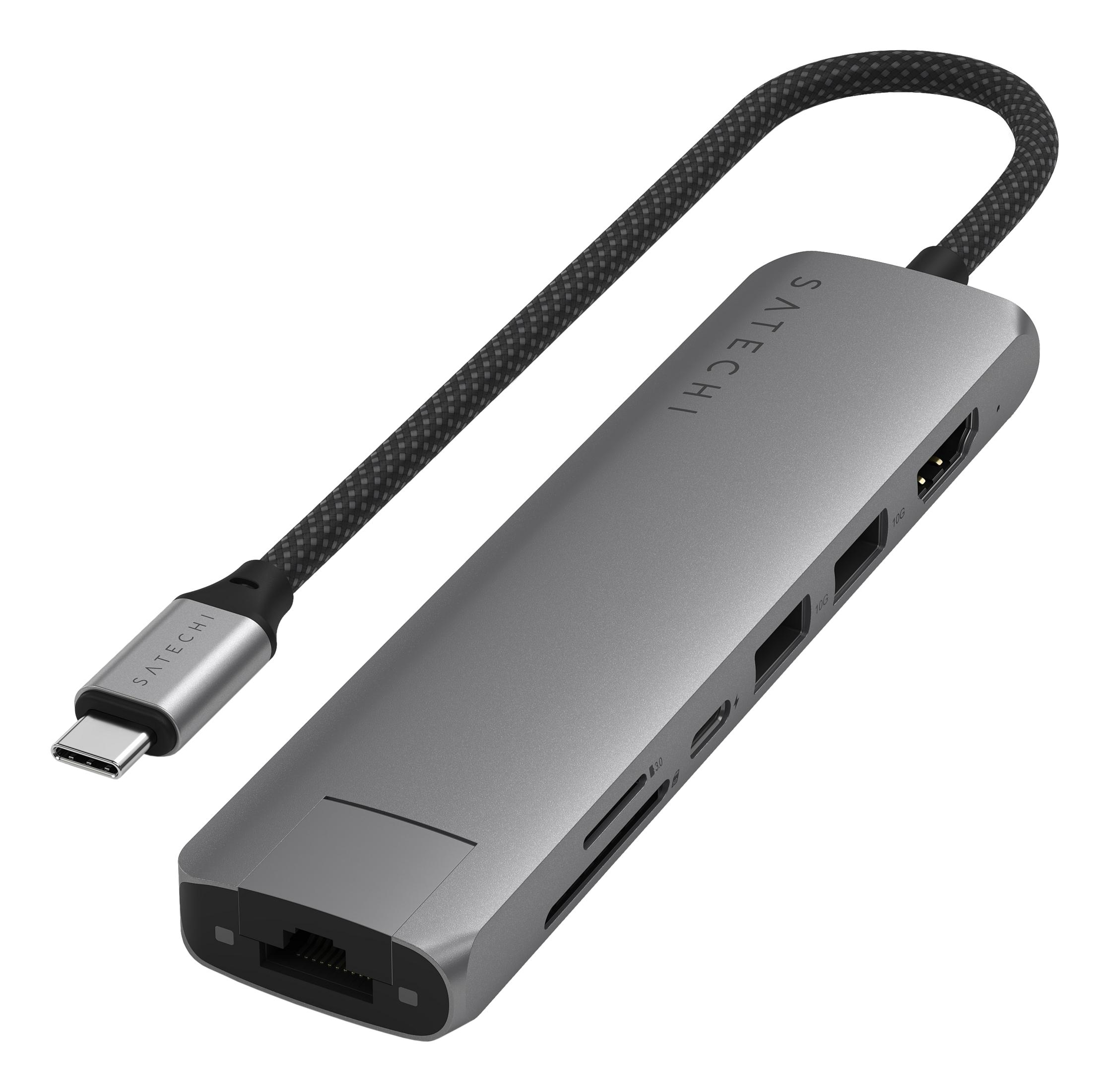 Hub USB-C gris con puertos Ethernet, HDMI, SD y USB.