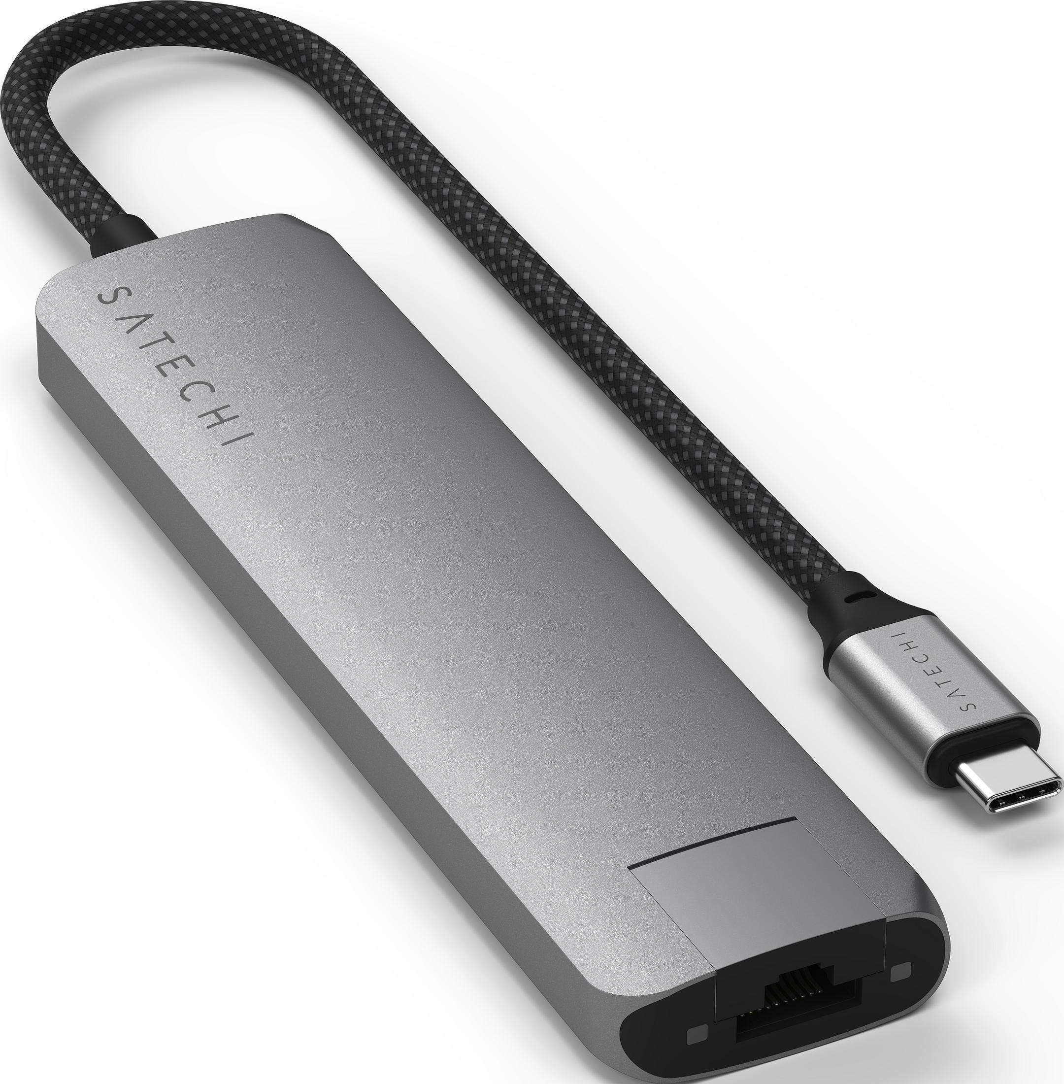 Adaptador USB-C gris con puerto Ethernet y cable trenzado.