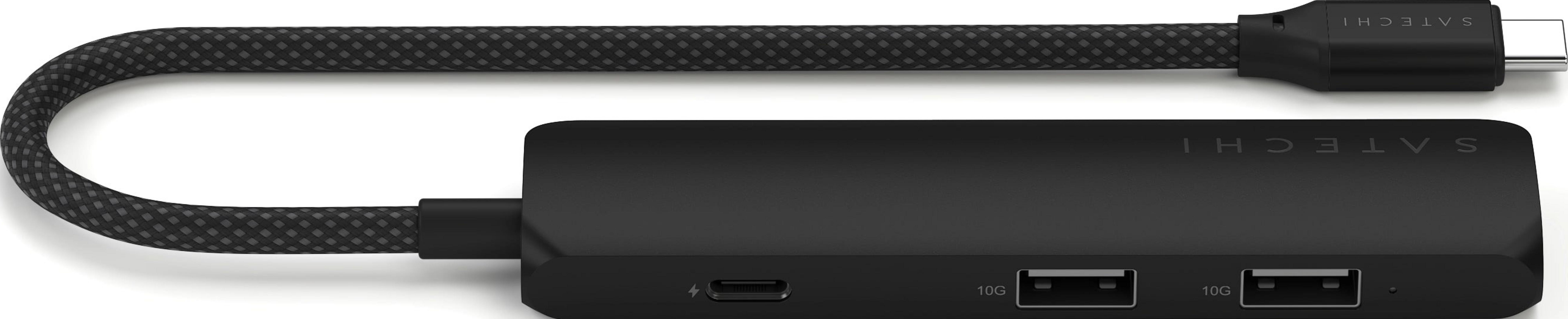 Schwarzer USB-C-Hub mit zwei USB-A-Anschlüssen, einem Thunderbolt-Anschluss und einem geflochtenen Kabel.