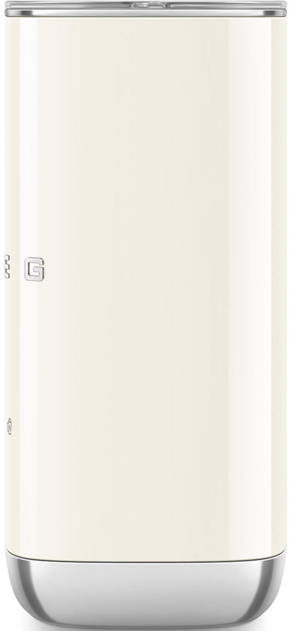 Eine cremefarbene Smeg-Wasserkocher mit silberner Basis und silberner Oberseite.