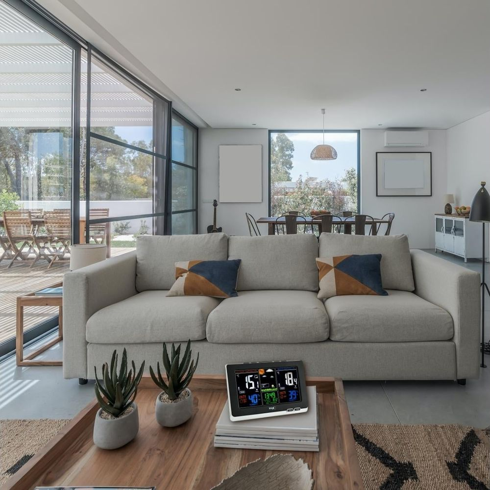 Nowoczesny salon z sofą, stolikiem kawowym ze stacją pogodową i roślinami.