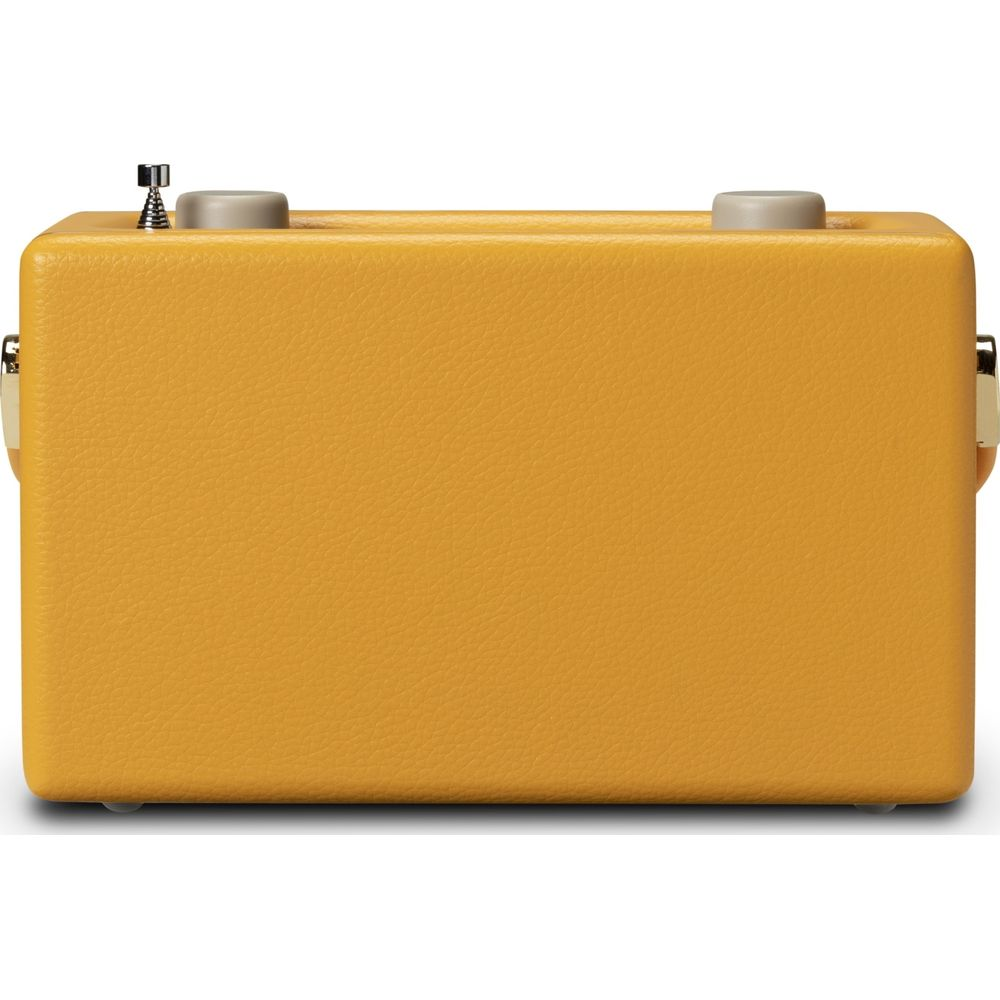 Żółte radio z srebrną anteną i dwoma pokrętłami.