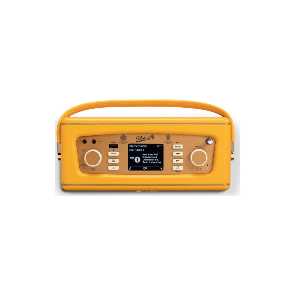 Żółte radio internetowe Roberts z wyświetlaczem, przyciskami i uchwytem.