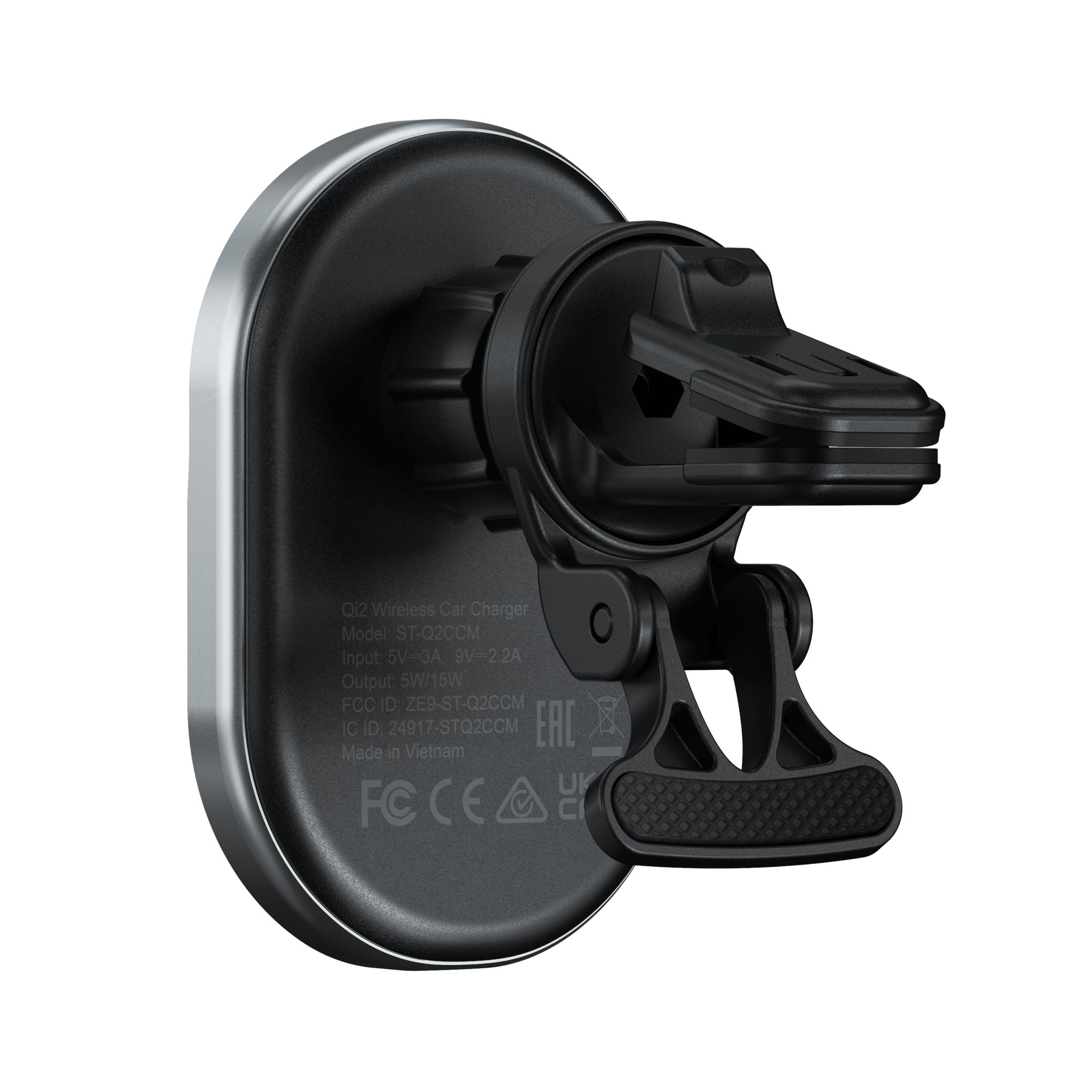 Un cargador inalámbrico para coche Qi2 negro con borde plateado y soporte ajustable.