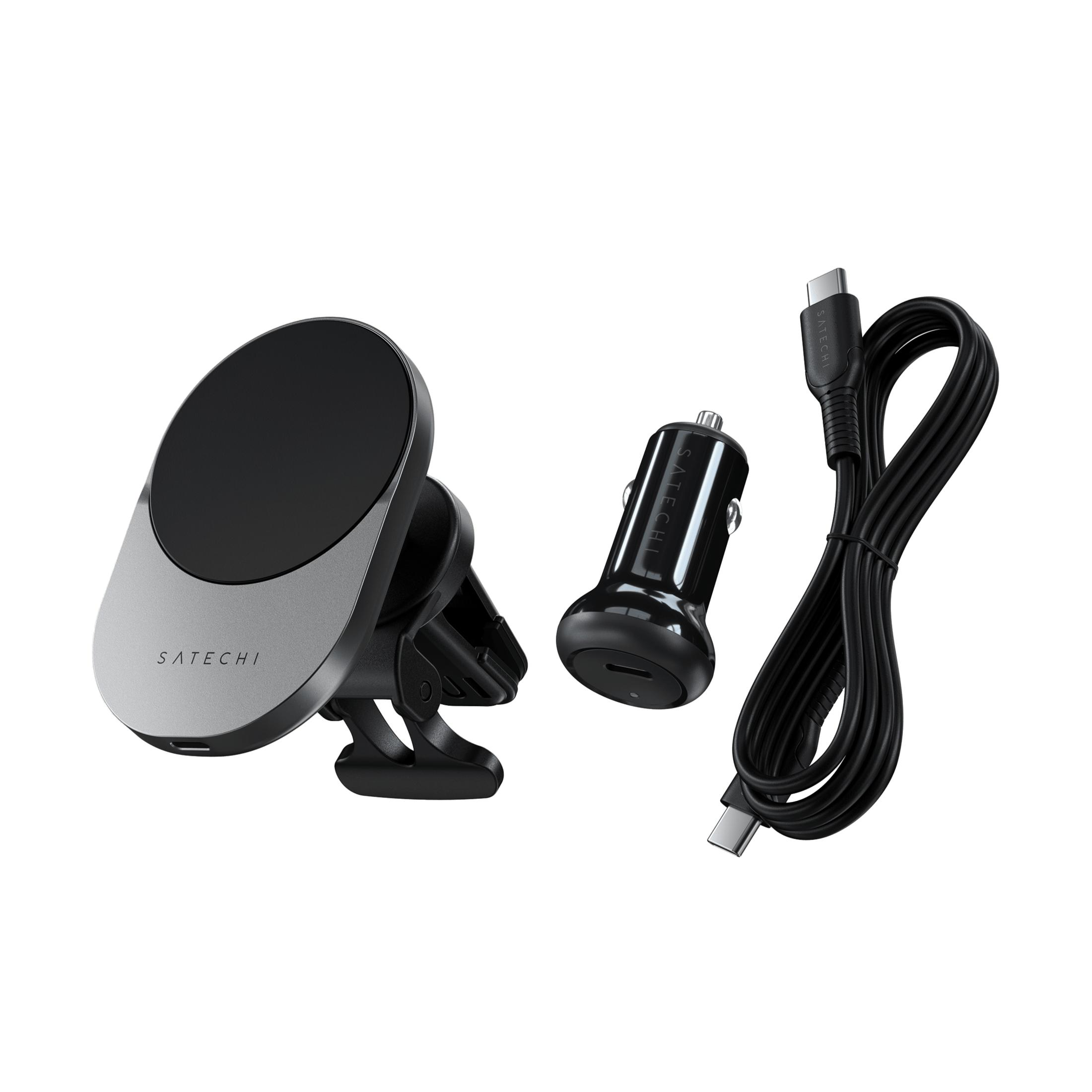 Un soporte magnético plateado para coche, un cargador de coche USB-C negro y un cable USB-C negro.