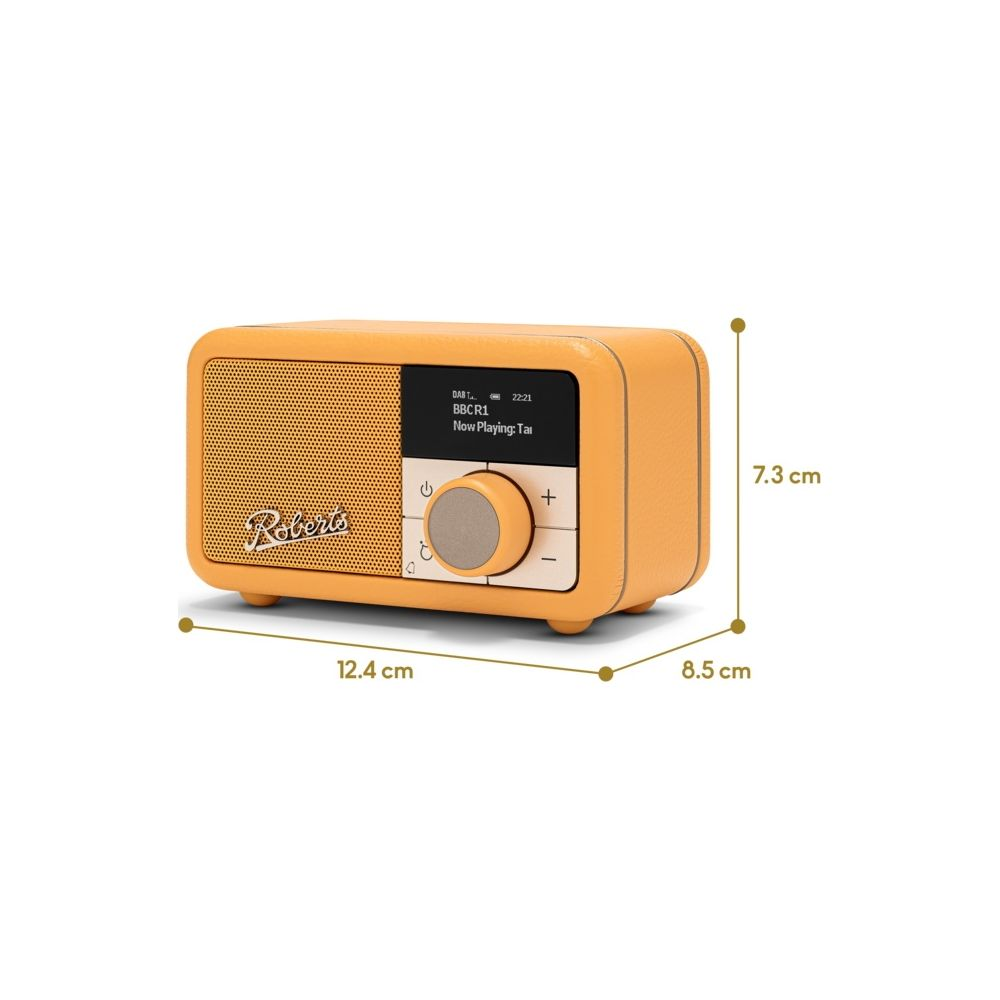 Ein orangefarbenes Roberts-Radio mit
Aufdruck und Maßen 12,4x8,5x7,3 cm.
