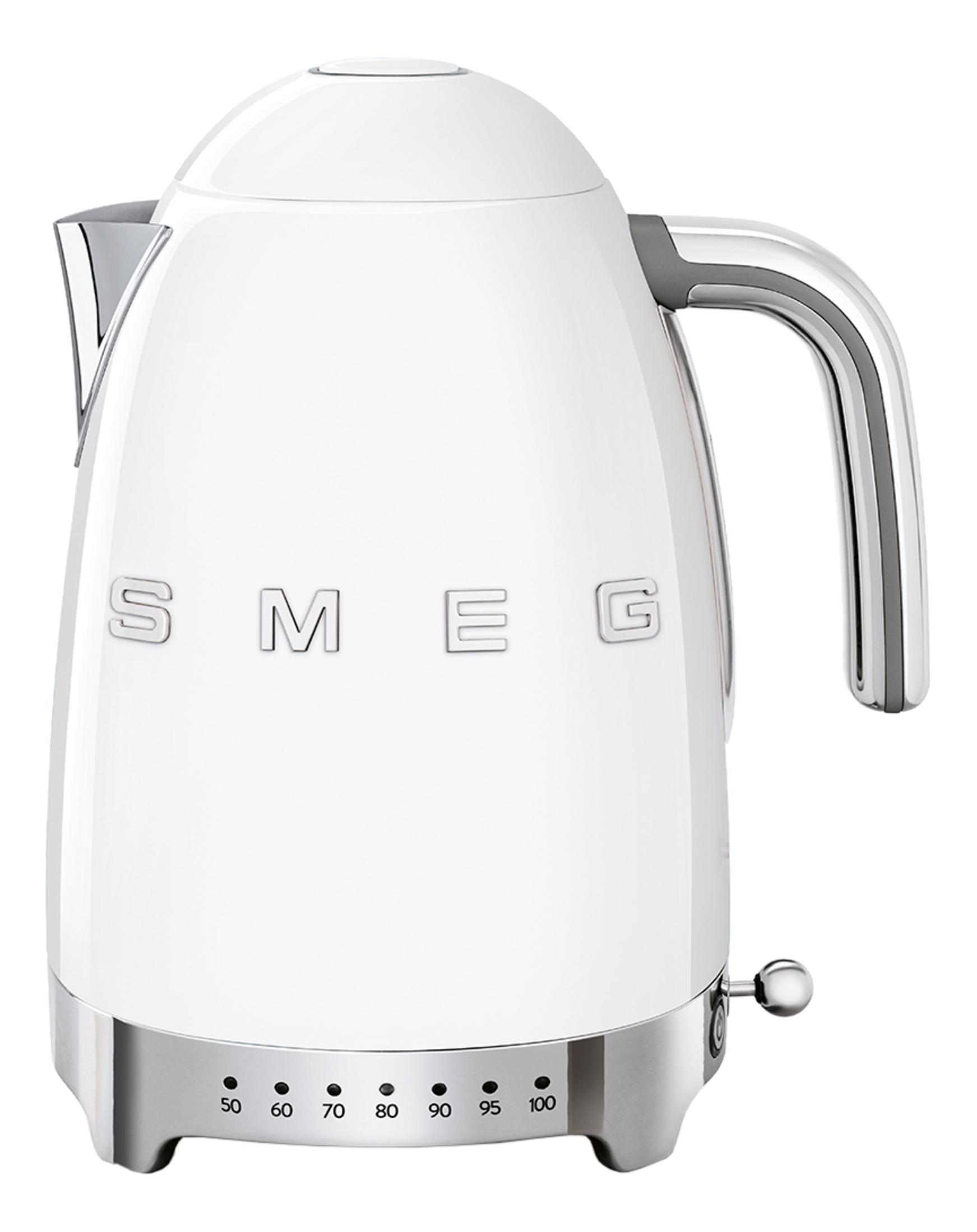 Biały czajnik SMEG z chromowanymi akcentami i ustawieniami temperatury.