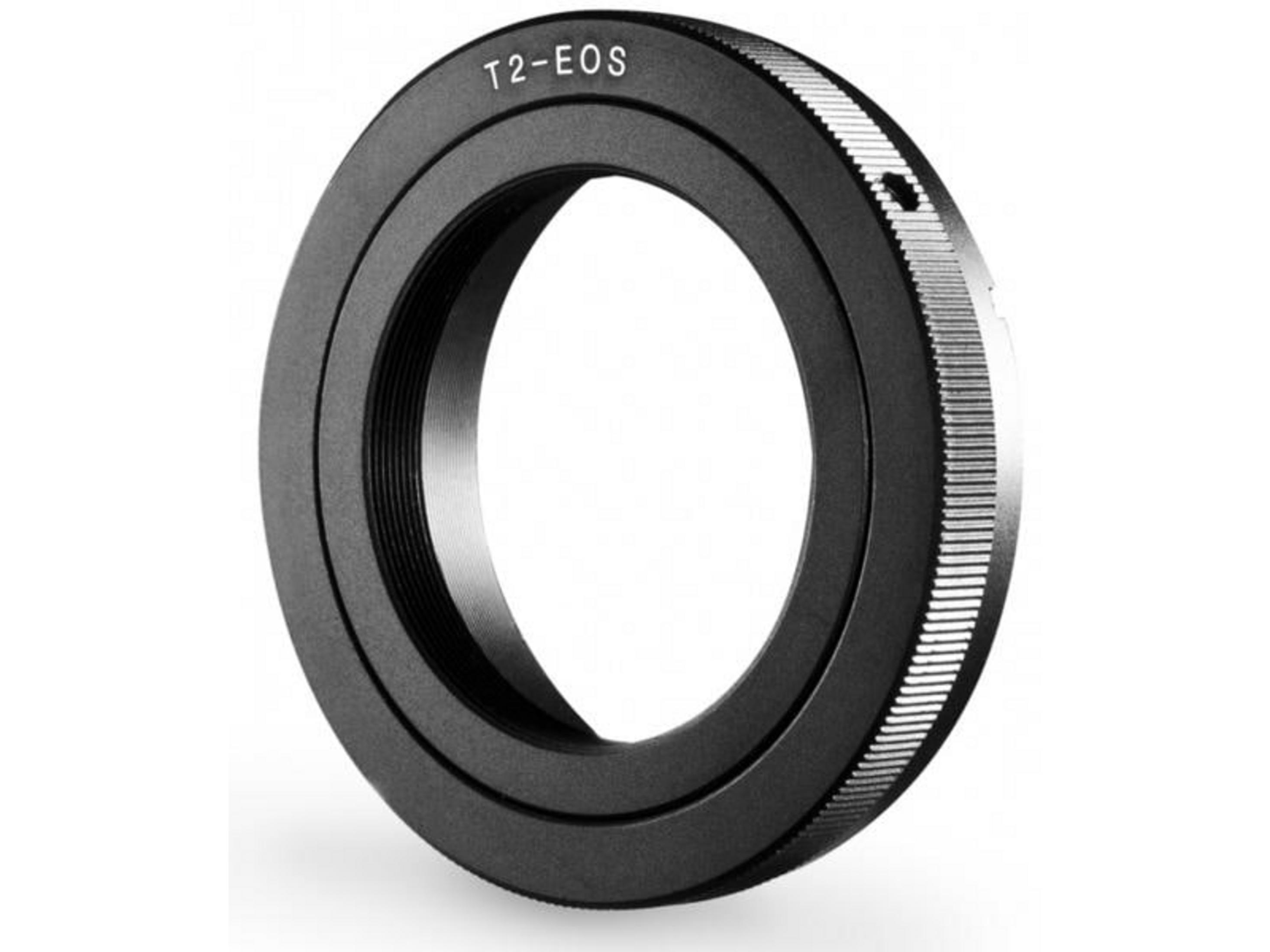 Ein schwarzer T2-EOS Adapterring mit gerändelter Kante und Beschriftung.