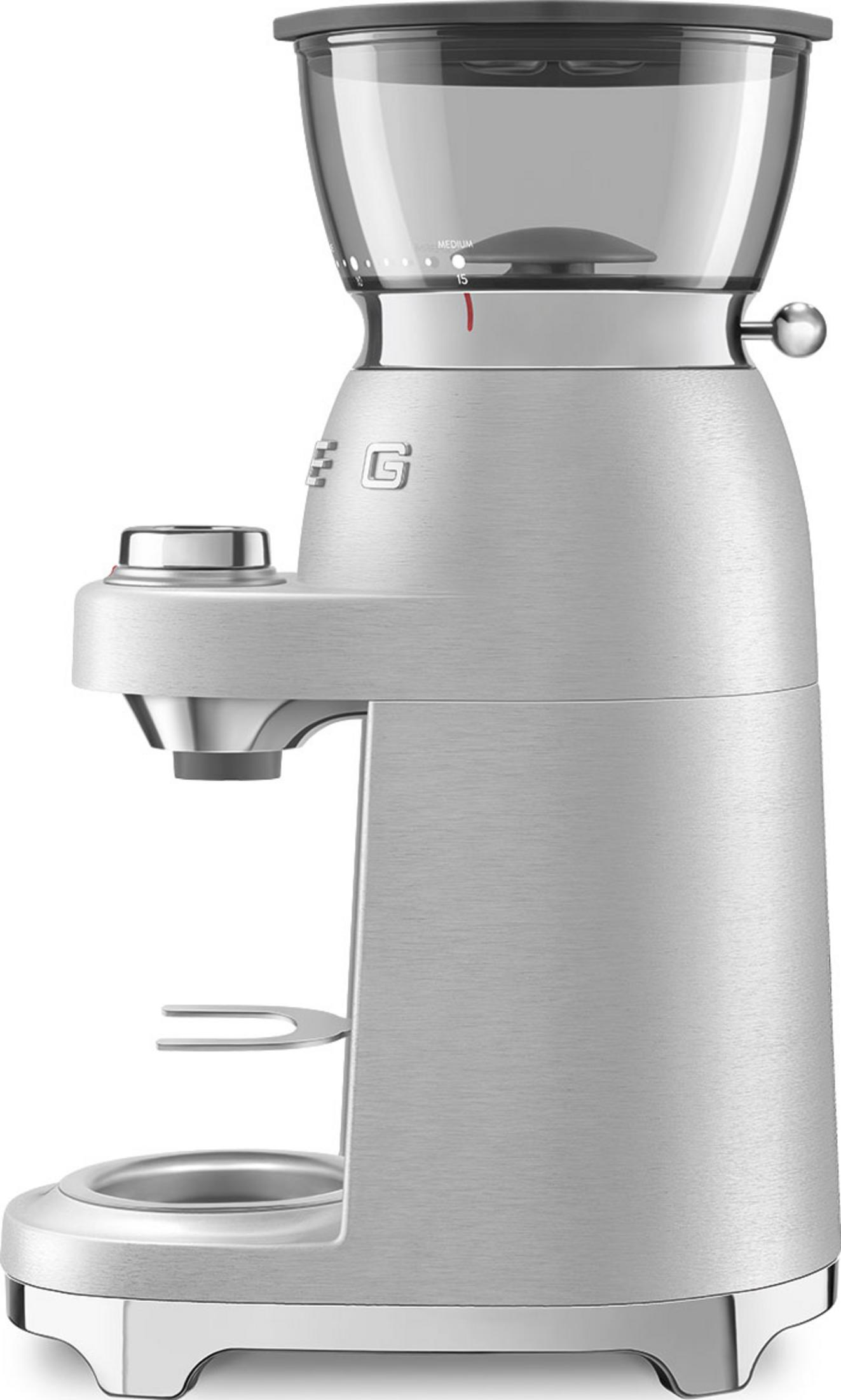 Molinillo de café plateado con tolva superior transparente y dial de ajuste.