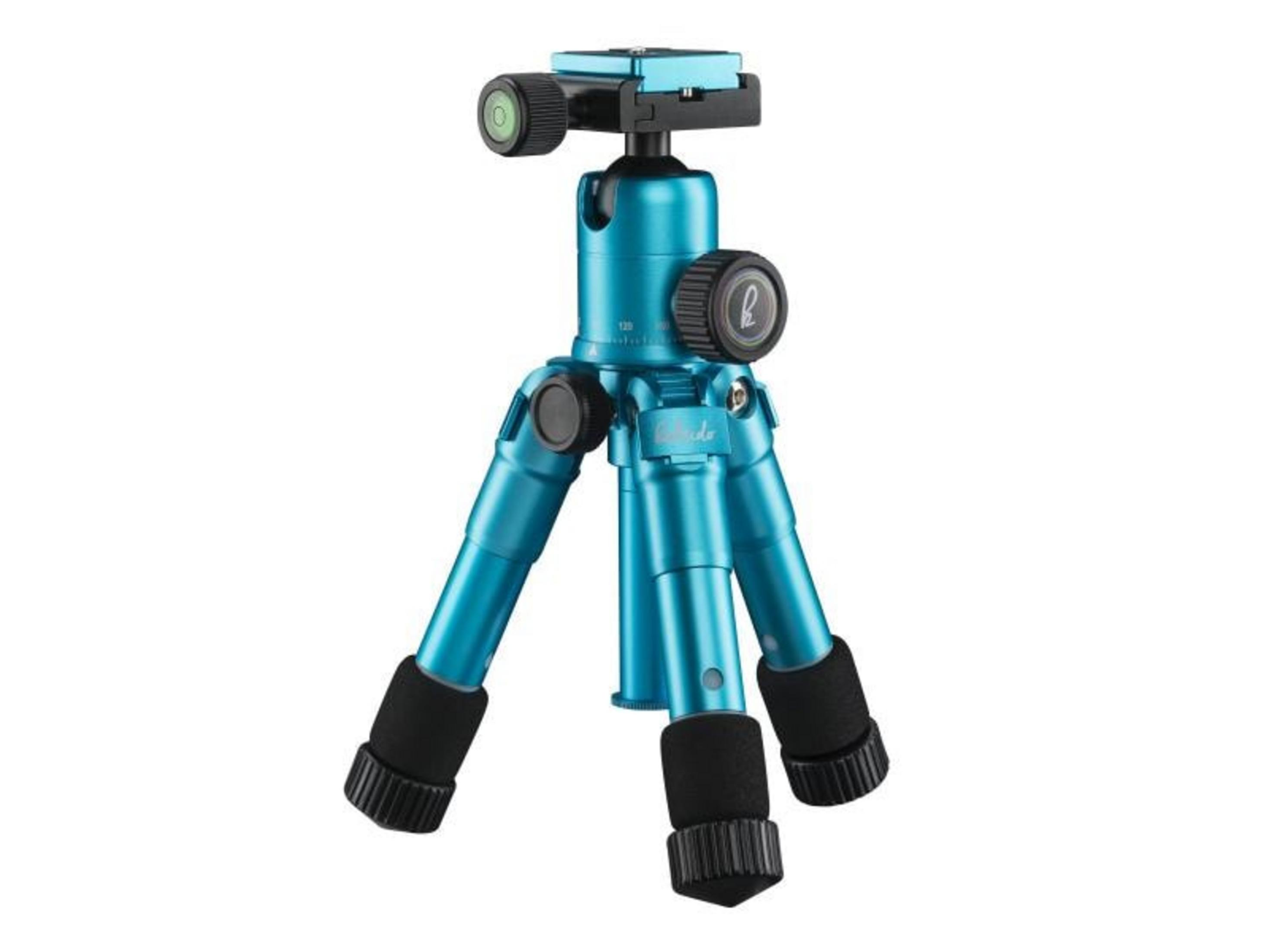 Mały niebieski statyw z czarnymi piankowymi uchwytami na nogach.