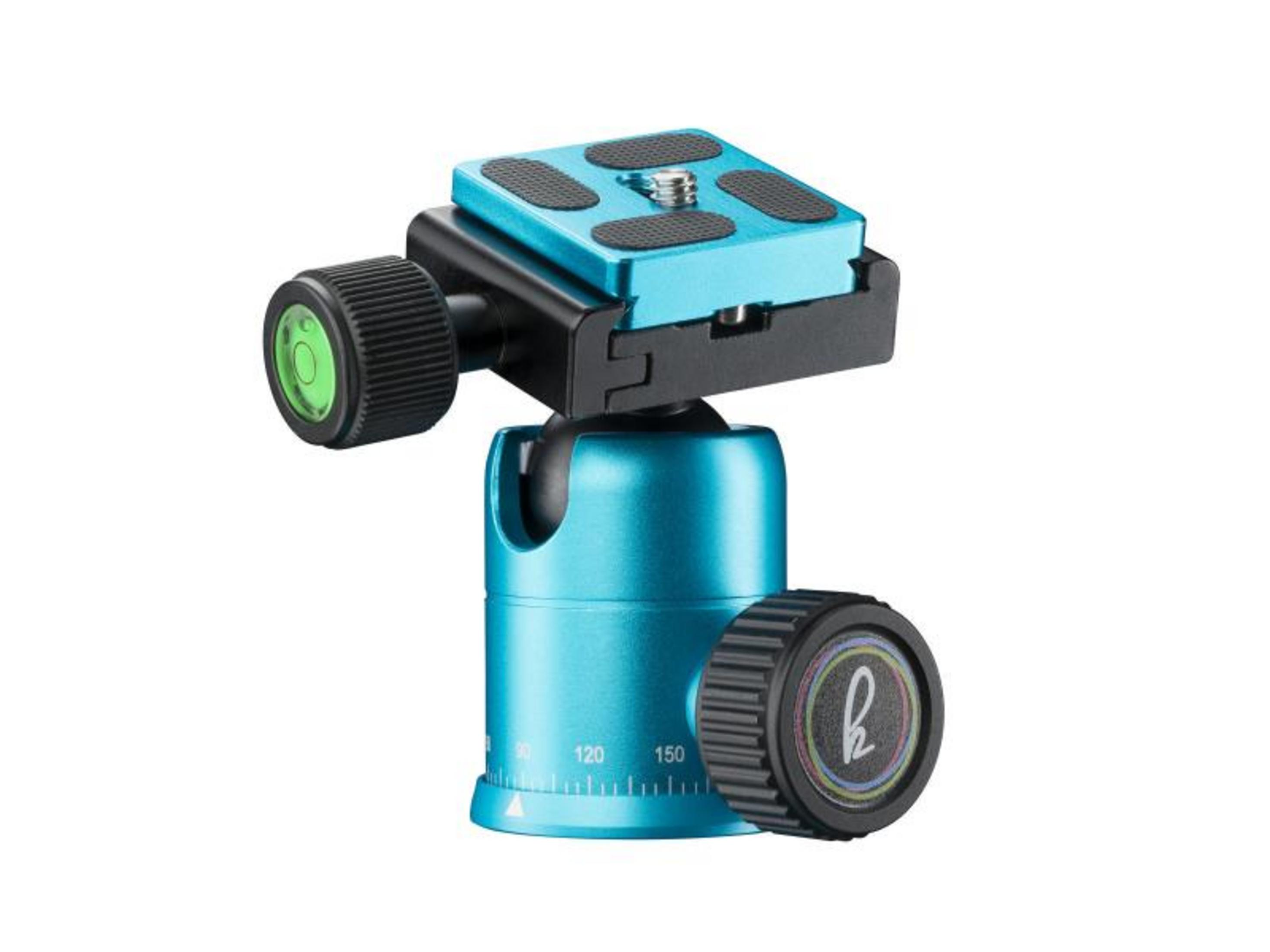 Niebieska głowica kulowa statywu z libellami i szybkozłączką.