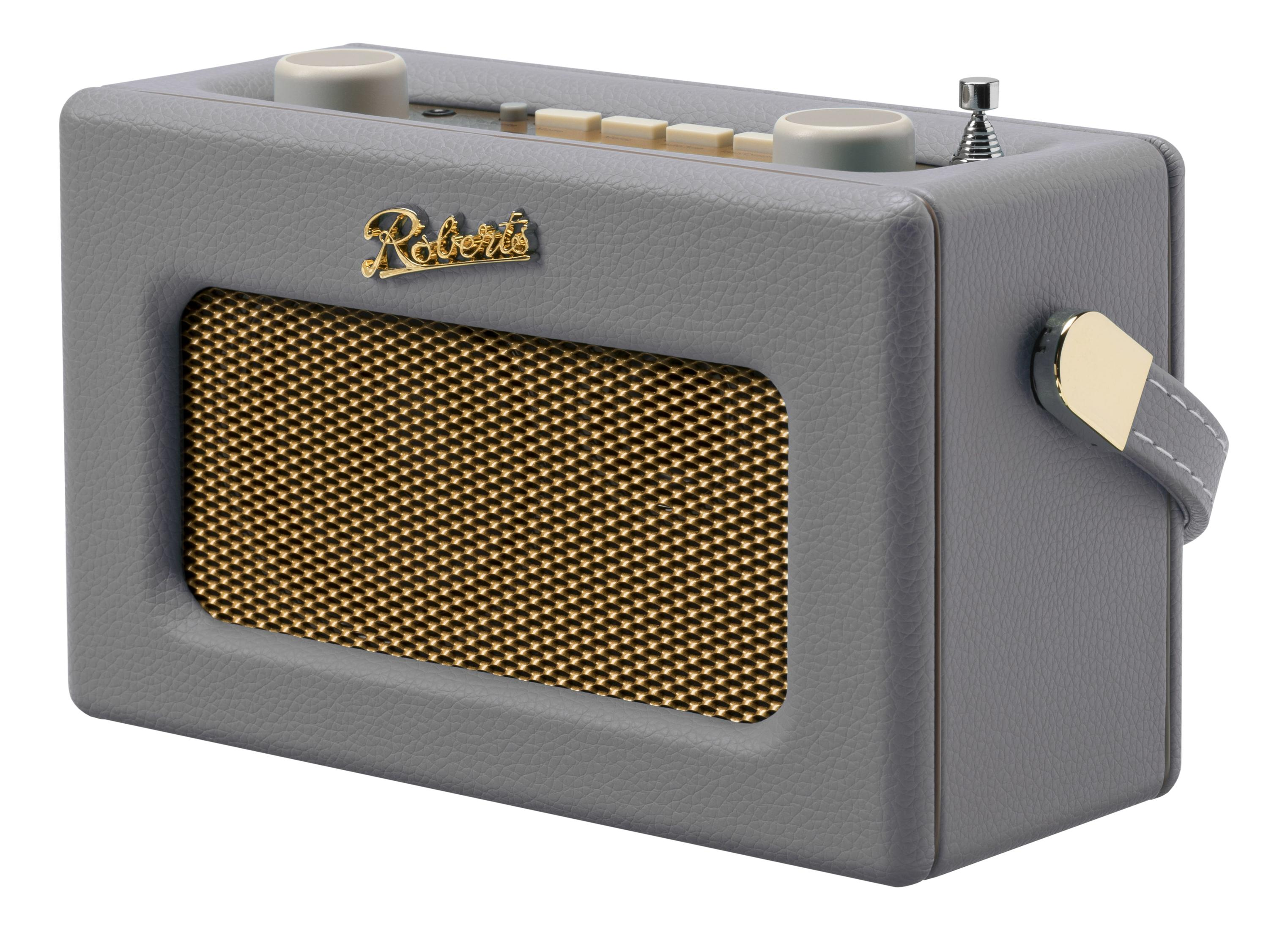 Grauer Roberts-Radio mit goldenem Lautsprechergitter und Tragegriff.
