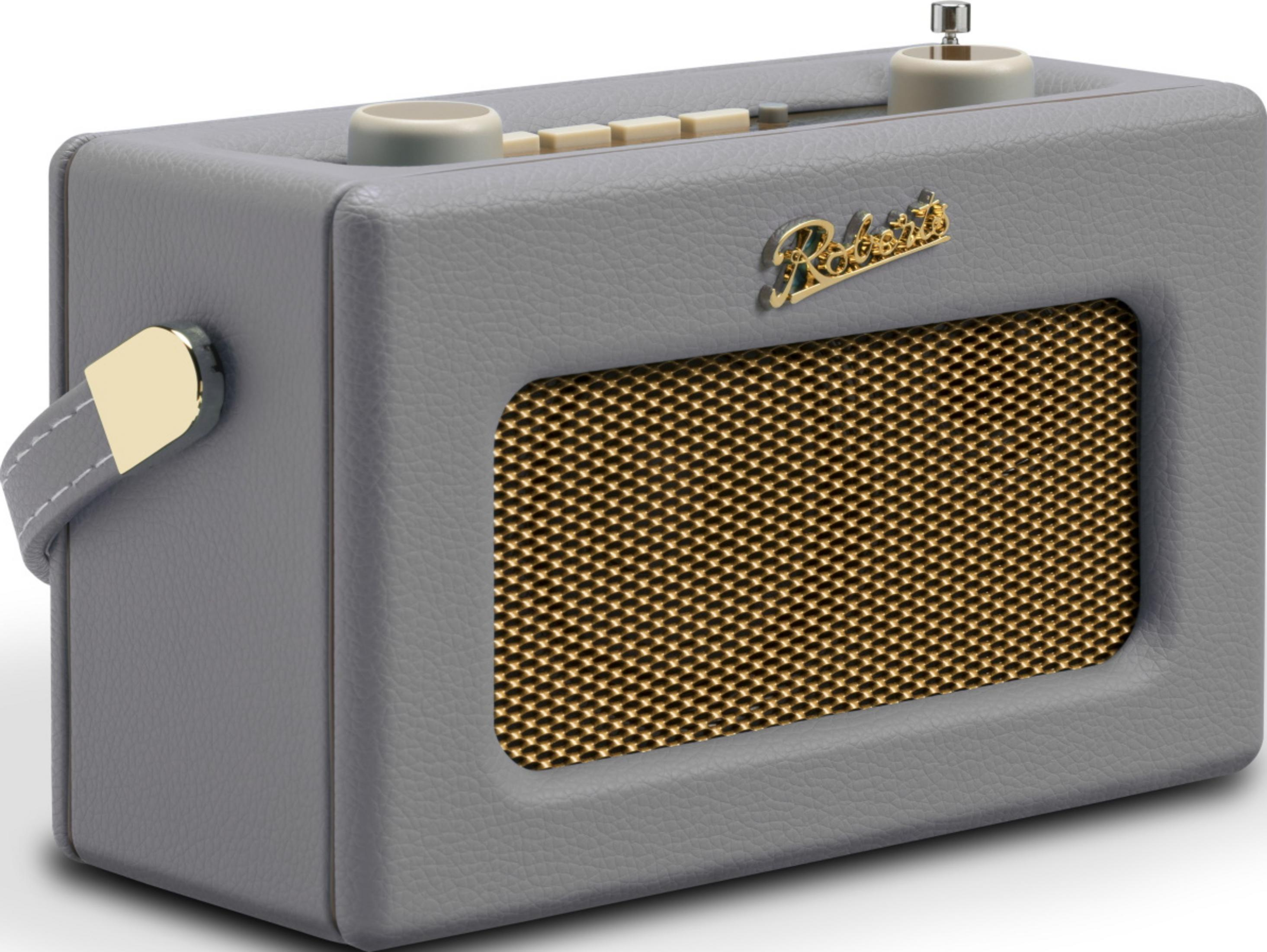 Grauer Leder-Retro-Radio mit goldenem Lautsprechergrill und Bedienelementen.