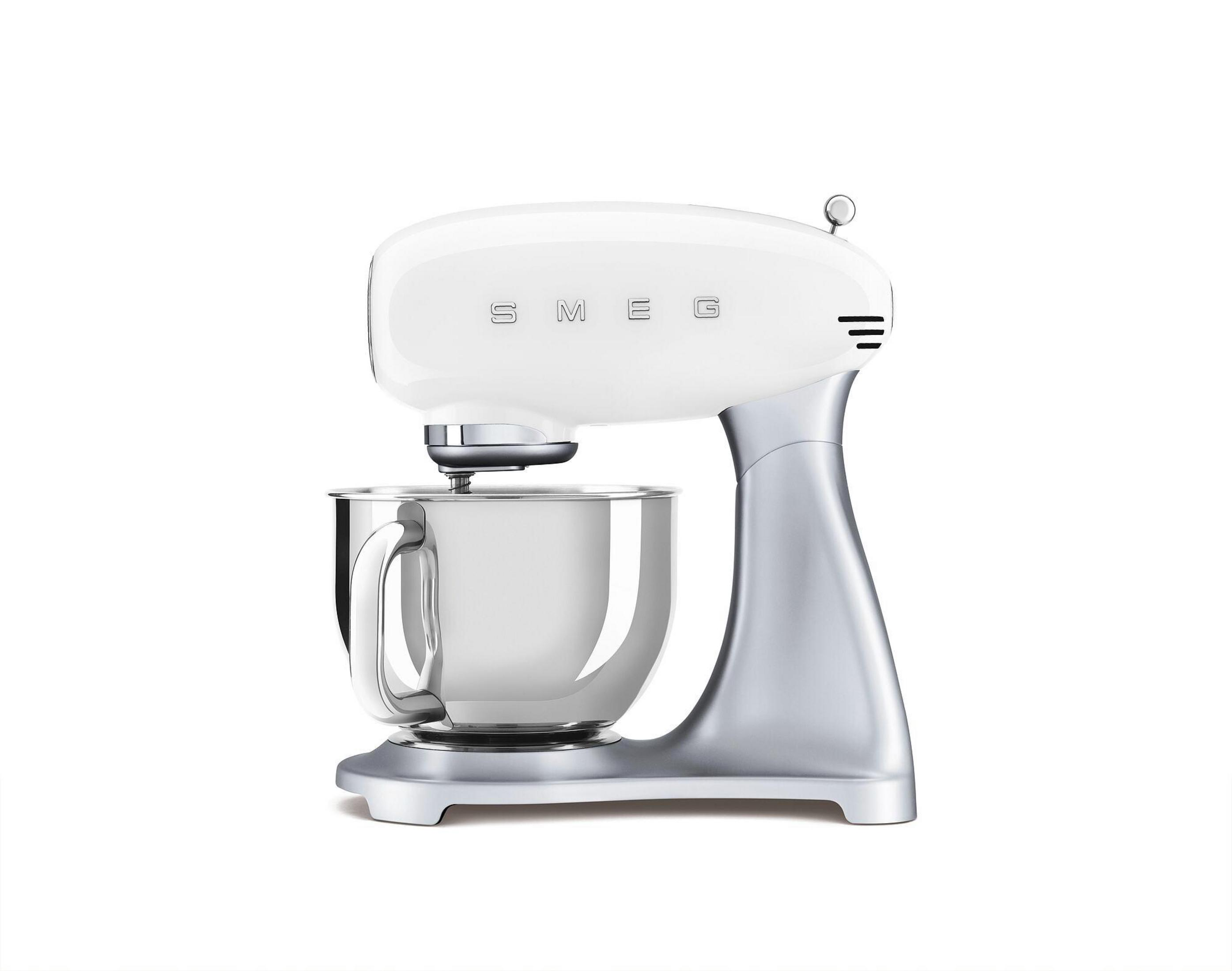 Un robot de cocina blanco con bol de acero inoxidable y base plateada.