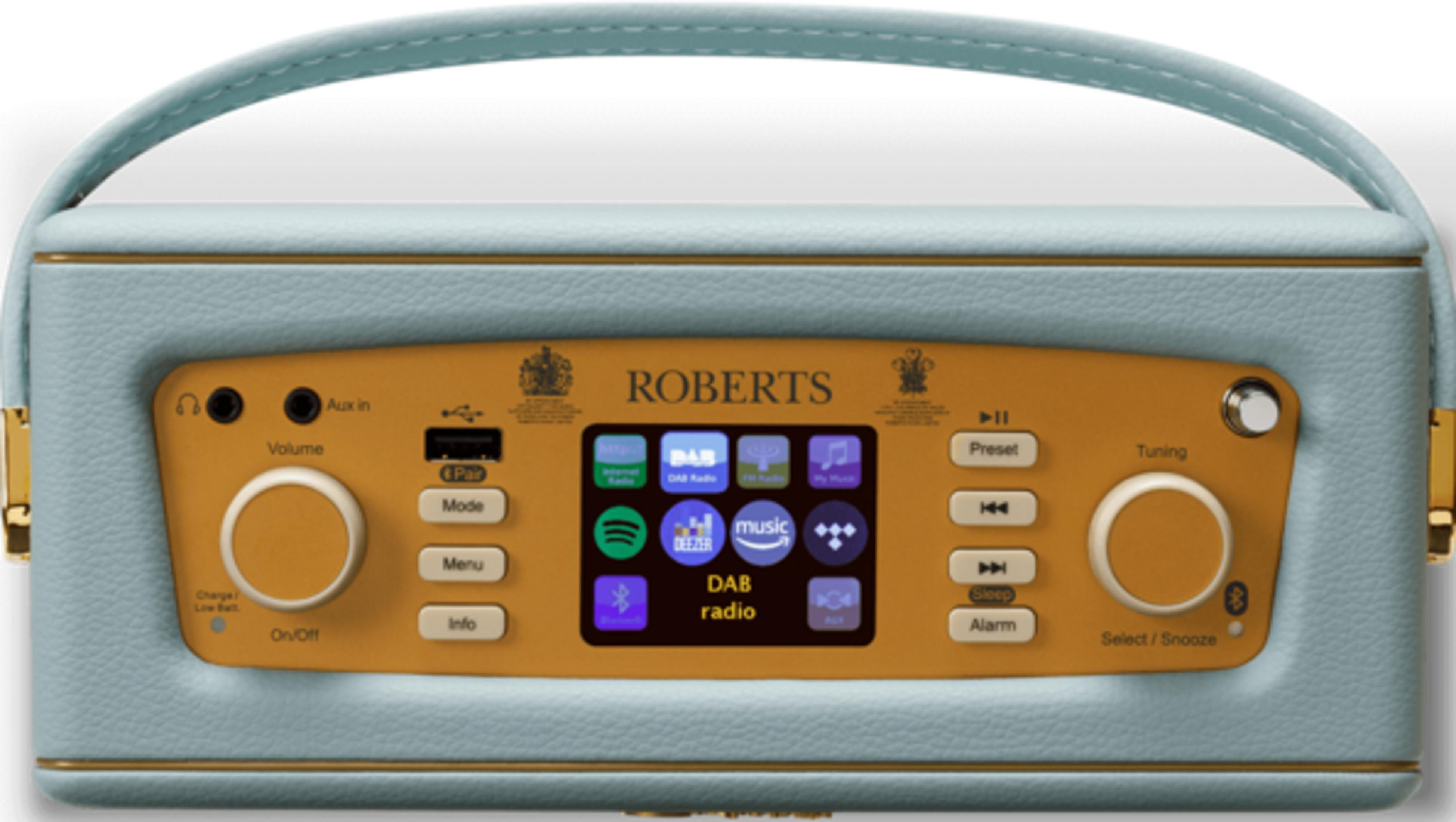 Jasnoniebieskie radio Roberts z cyfrowym ekranem i przyciskami sterującymi.