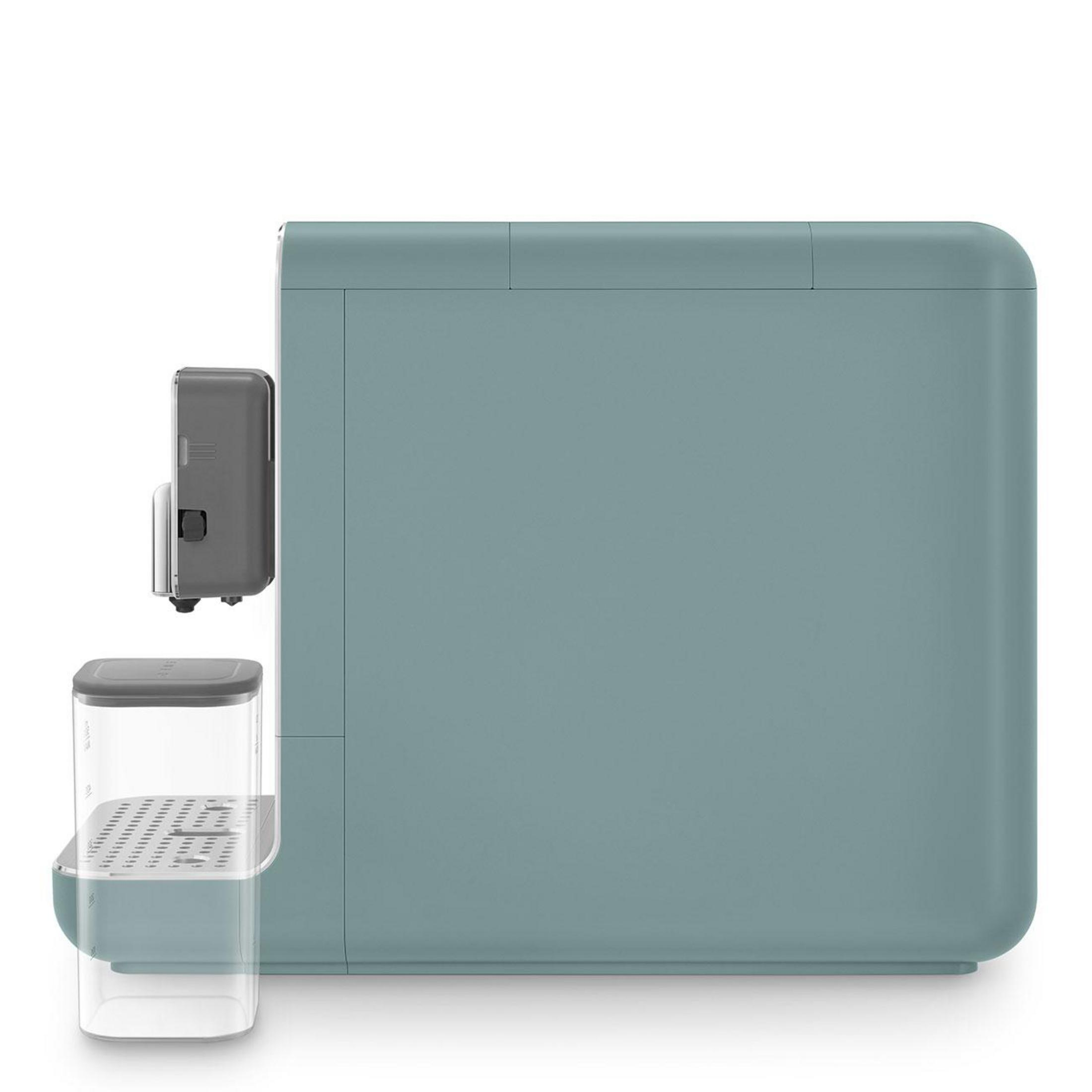 Seledynowa ekspres do kawy z odłączanym zbiornikiem na wodę i tacką ociekową.