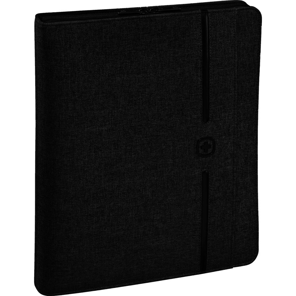 Schwarzes Folio mit Textur, vertikalem Gummiband und rundem Logo.