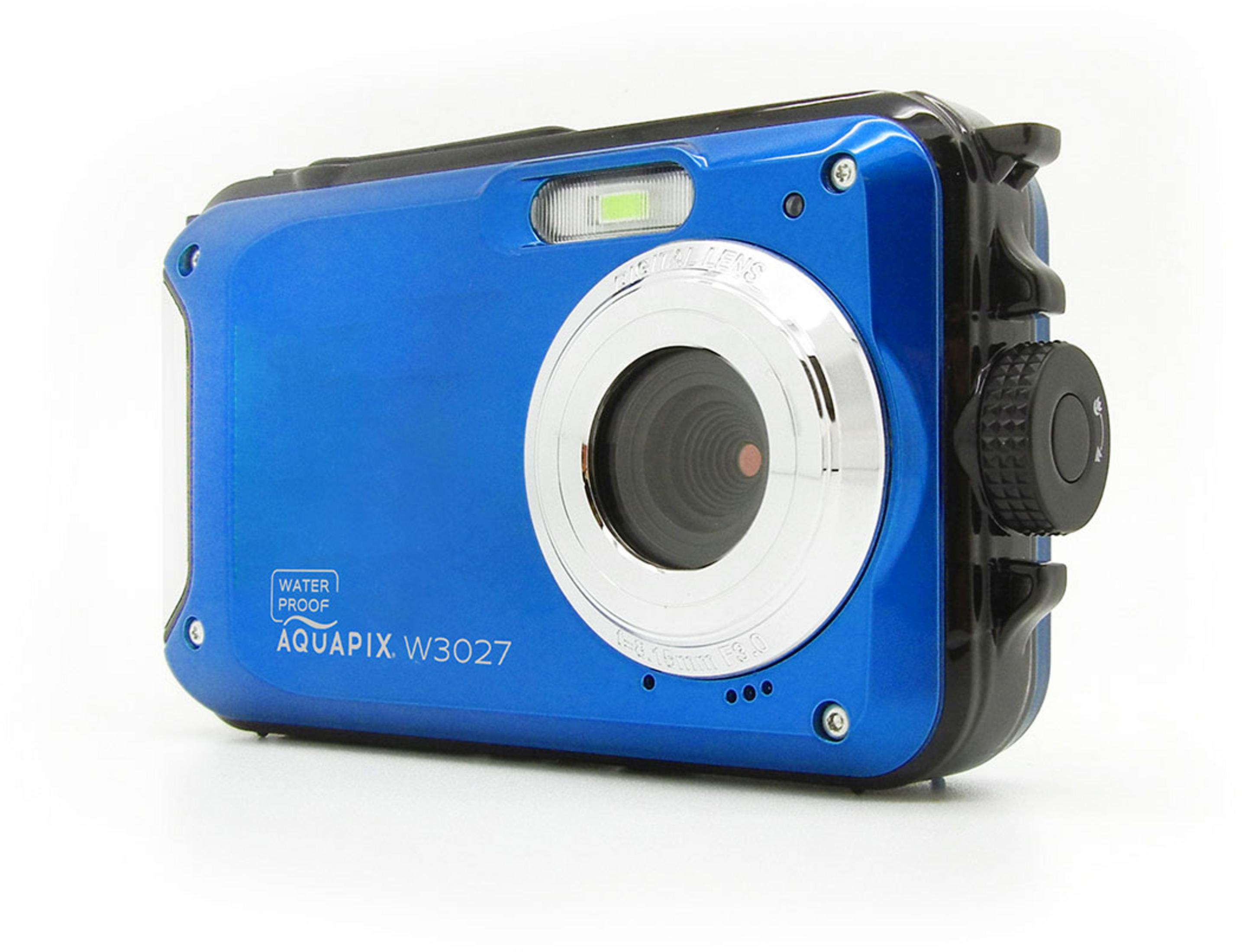 Eine blaue, wasserdichte Digitalkamera, Modell Aquapix W3027, mit Blitz und Linse.