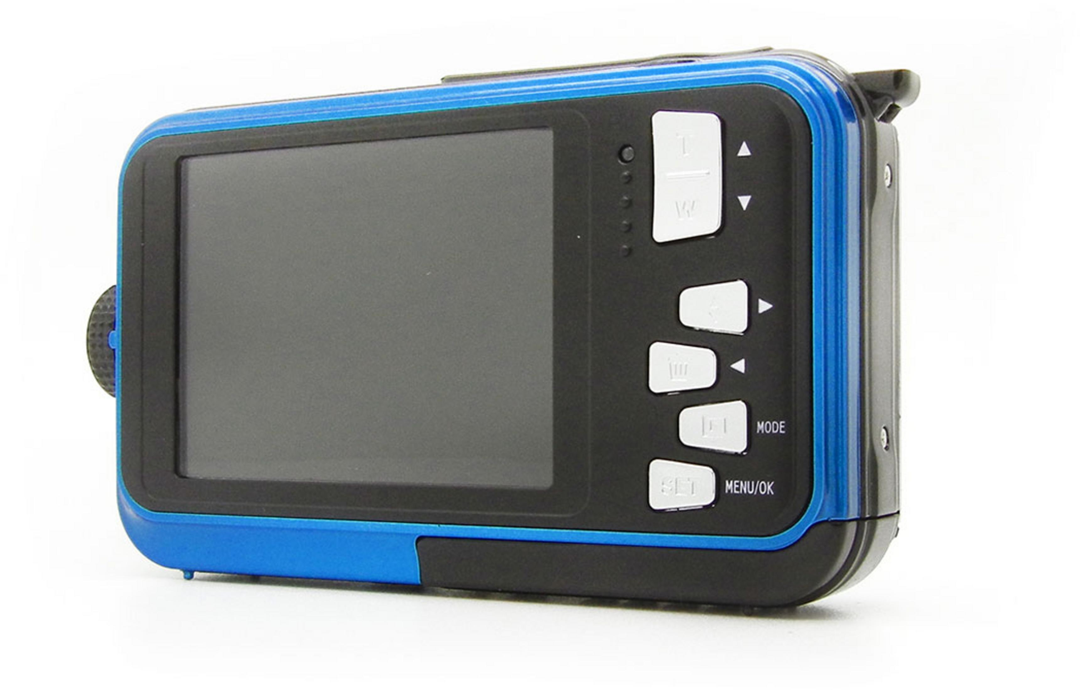 Eine blaue und schwarze Digitalkamera mit großem Bildschirm und Tasten.
