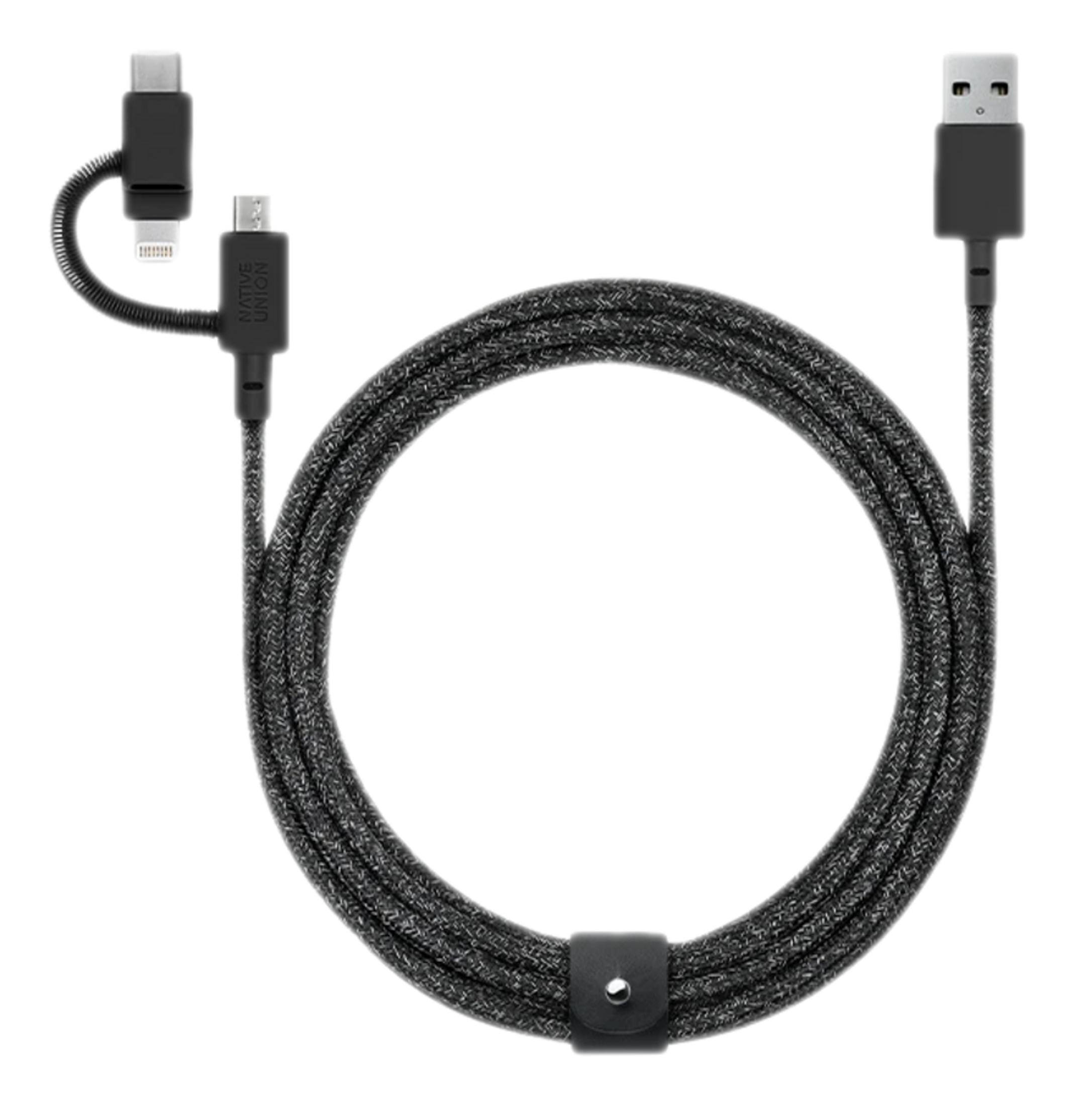 Un cavo USB-A a USB-C intrecciato con adattatori Lightning e USB-C.
