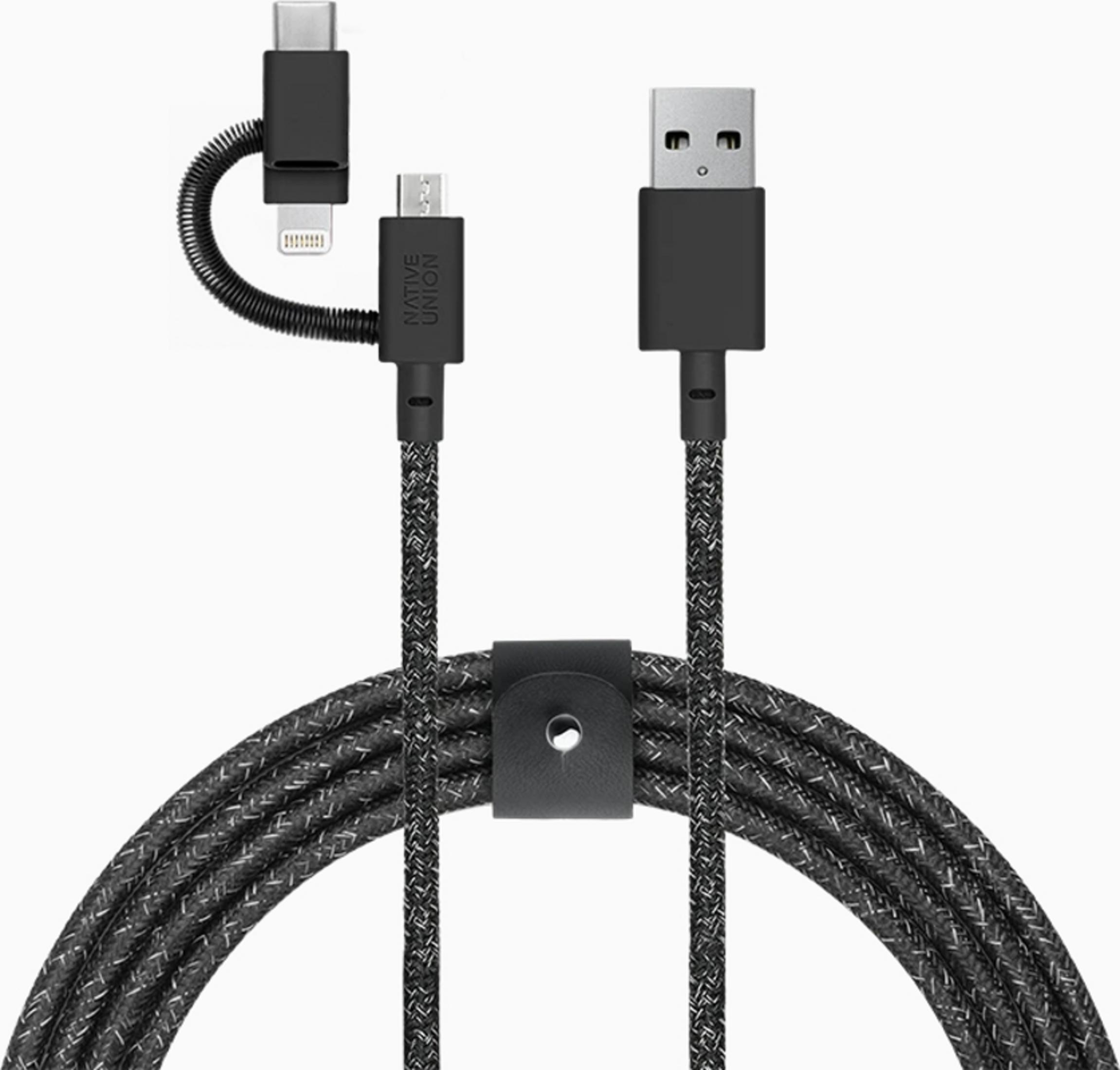 Un cavo USB nero con più connettori: USB-A, USB-C e Lightning.