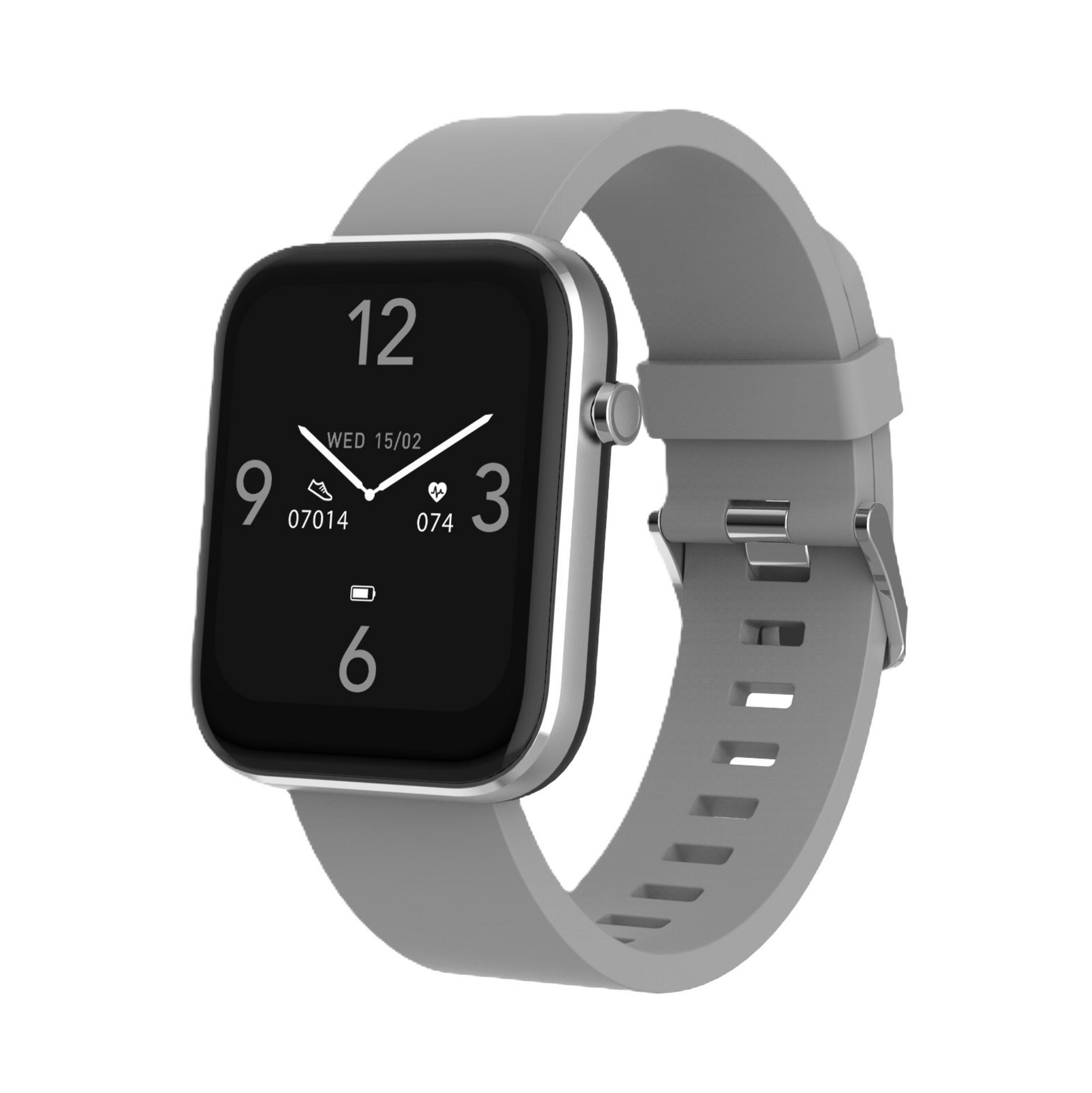 Graue Smartwatch mit eckigem Zifferblatt und digitalen Ziffern.