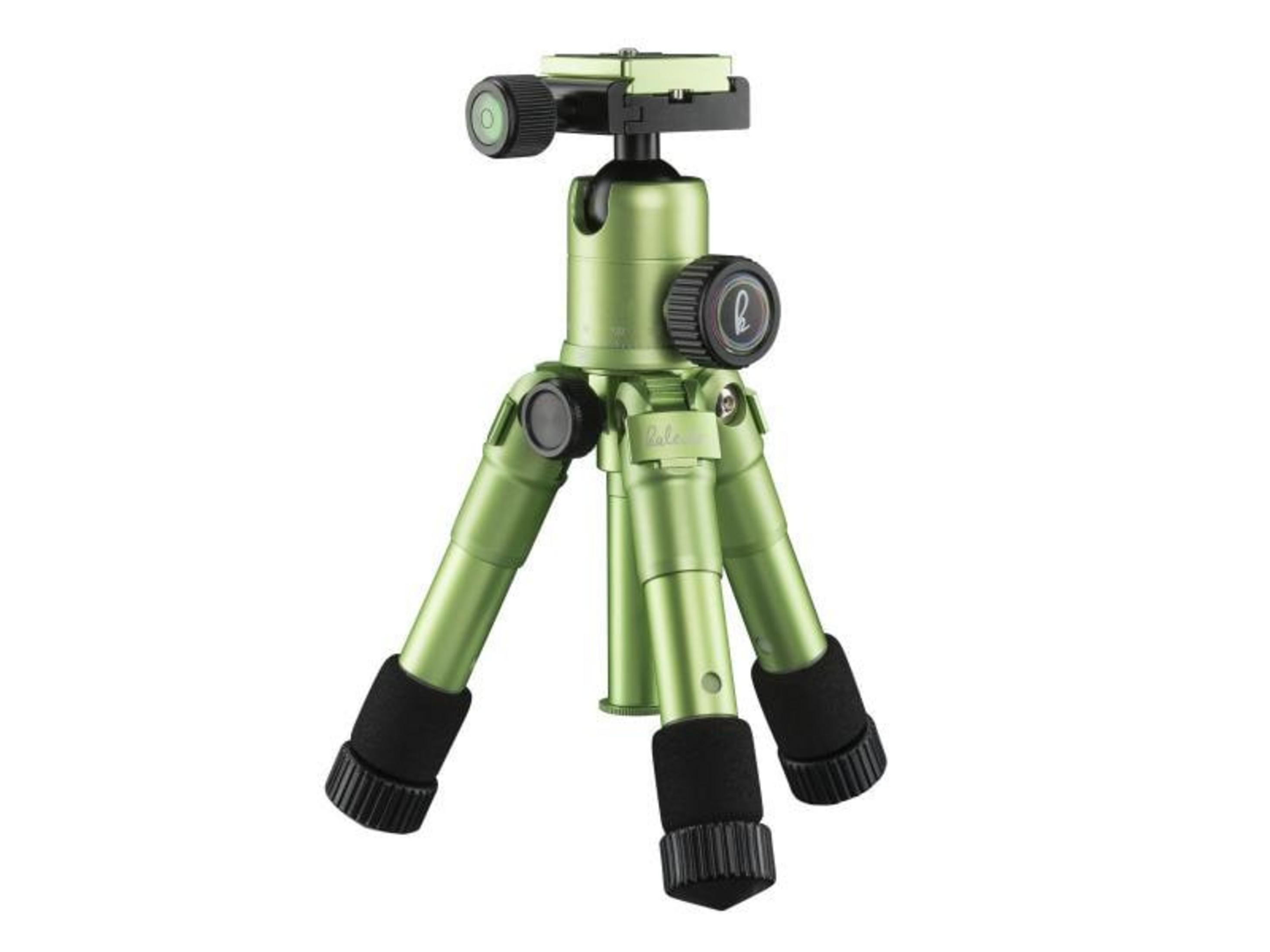 Mały, jasnozielony statyw z czarnymi piankowymi uchwytami na nogach.