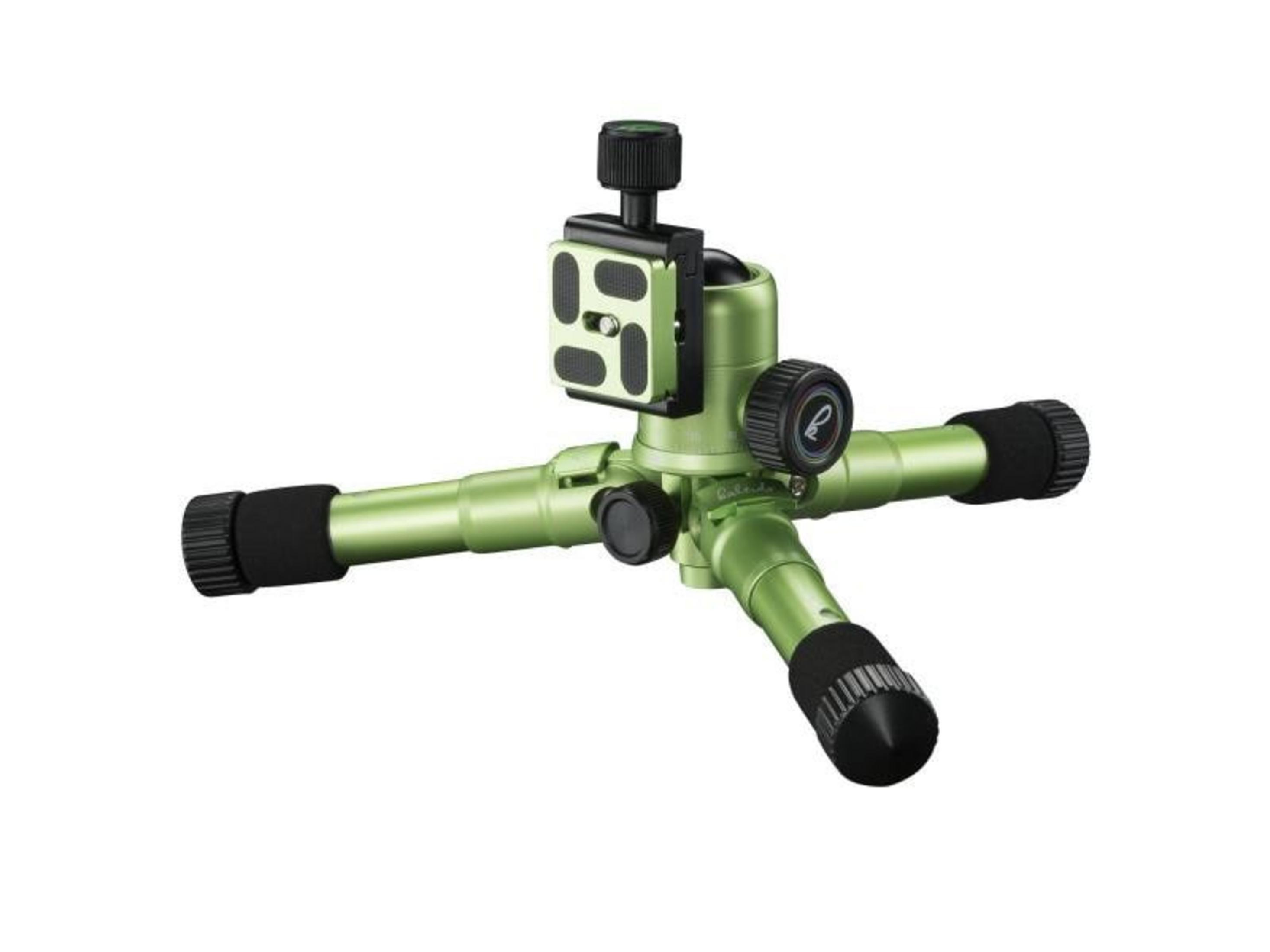 Zielony statyw z trzema nogami i czarnymi uchwytami.