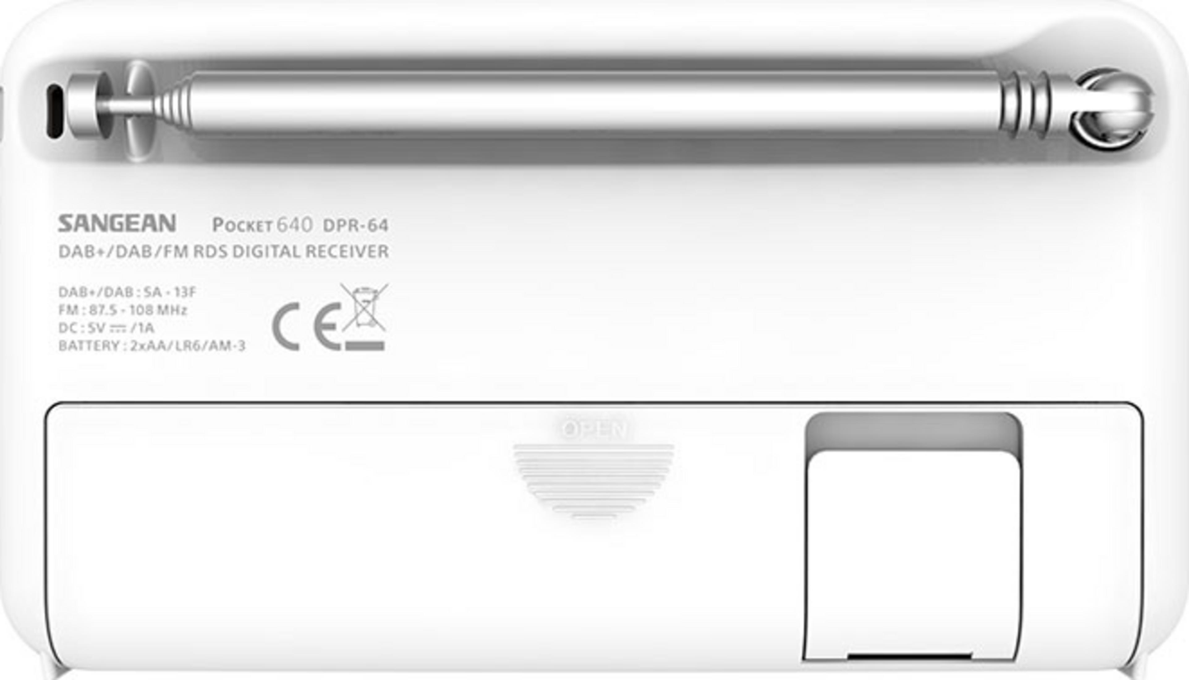 Tył białego radia Sangean Pocket 640 DAB+/FM z wysuwaną anteną.