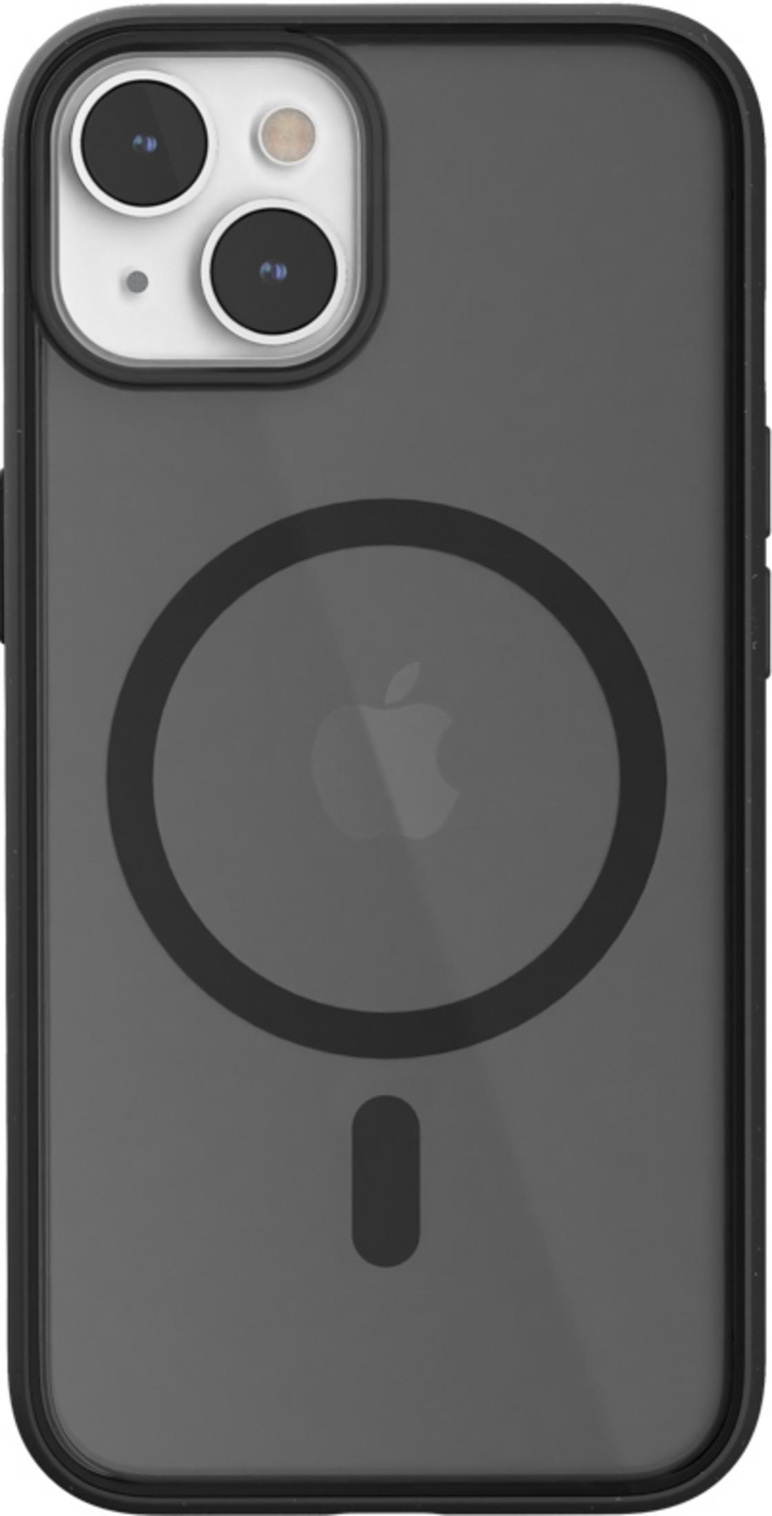 Custodia trasparente con cornice nera e logo Apple.