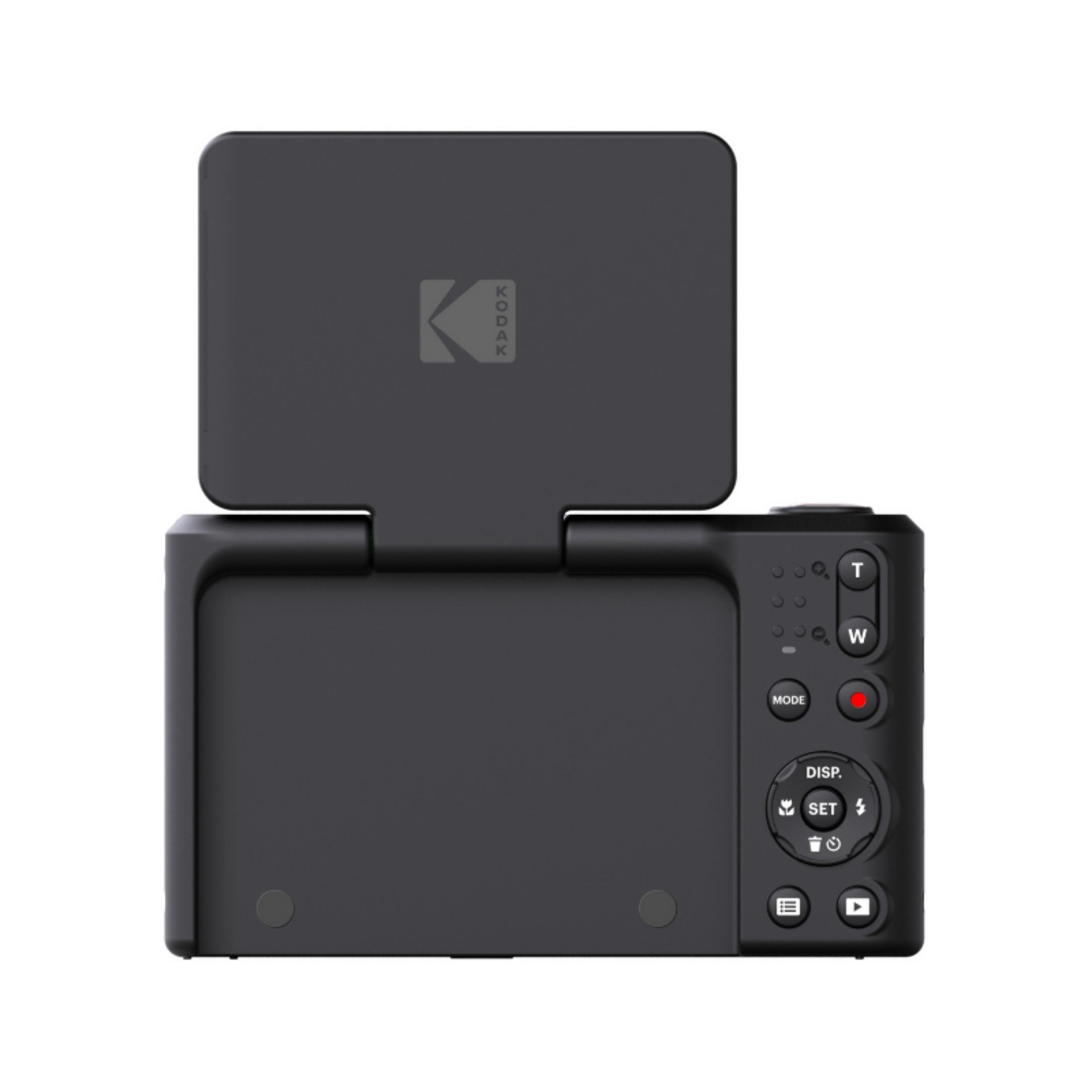 Schwarze Digitalkamera mit aufgeklapptem Bildschirm und Kodak-Logo.
