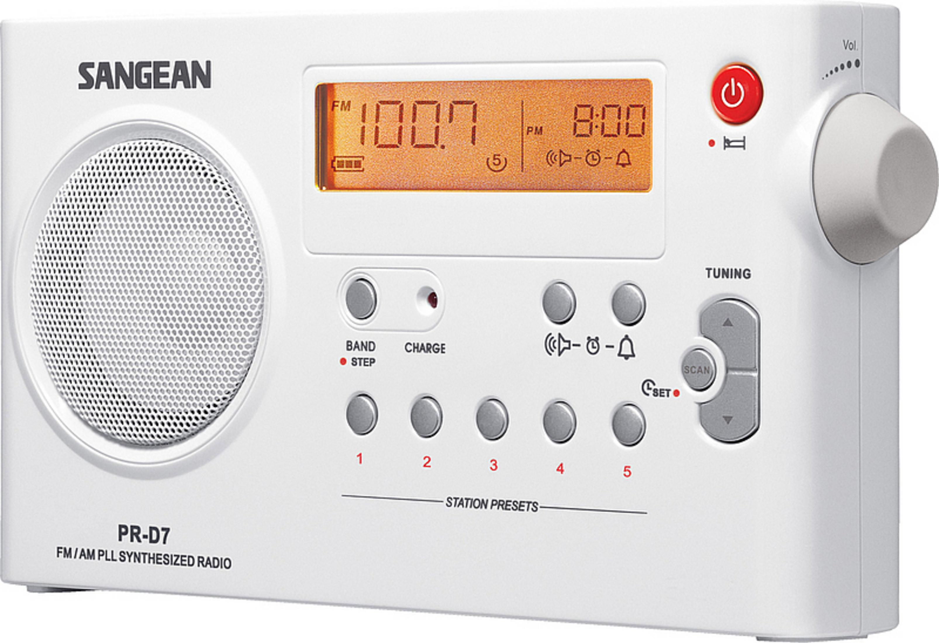A white Sangean PR-D7 FM/AM radio with a digital display and controls.