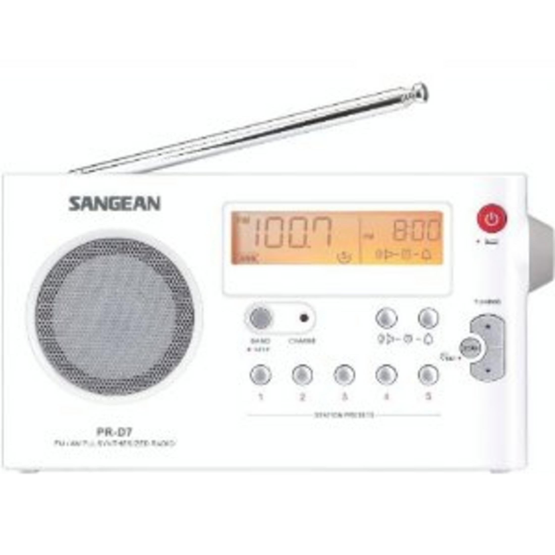 A white Sangean PR-D7 radio with a silver antenna and digital display.