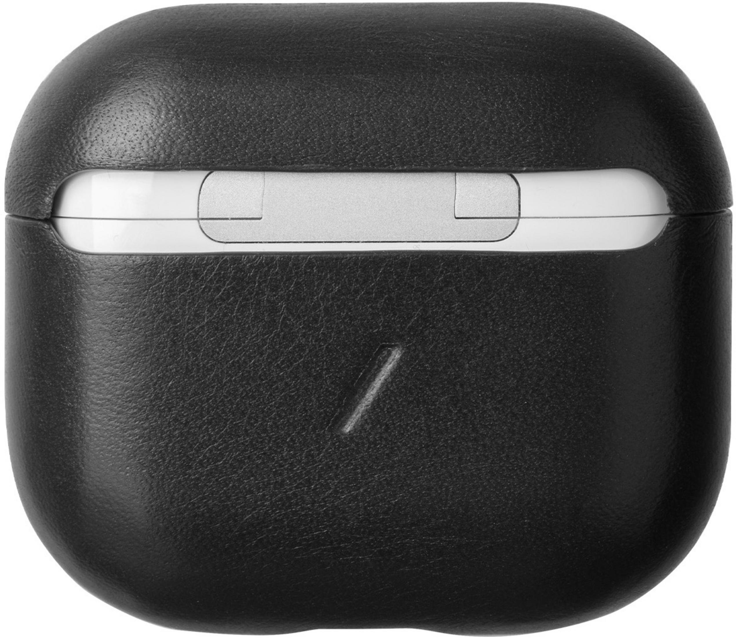 Étui noir en cuir pour écouteurs avec accent argenté.