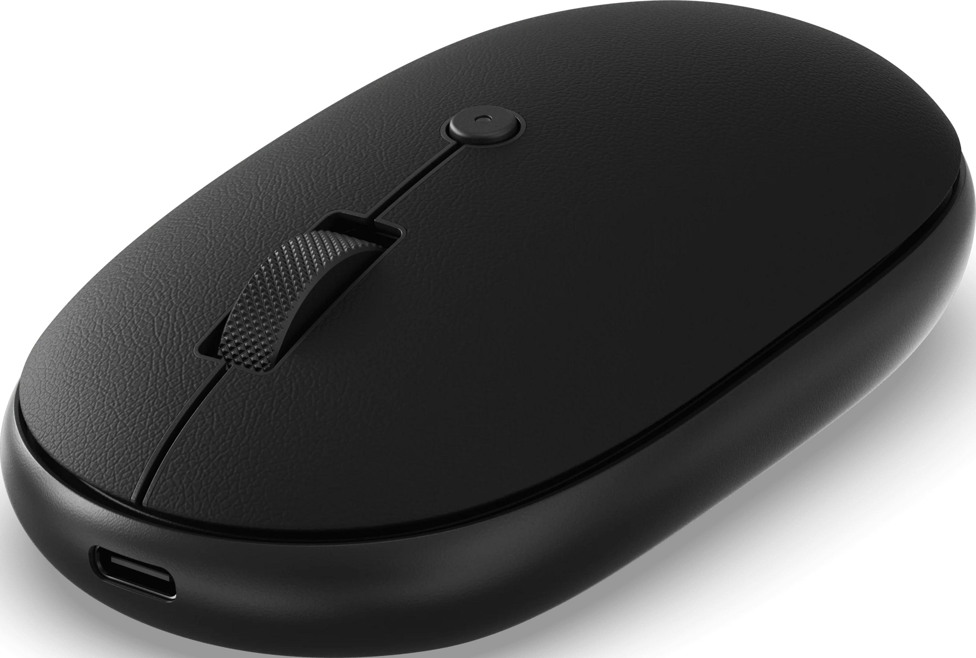 Eine schwarze kabellose Maus mit einem Scrollrad und einem USB-C-Anschluss.