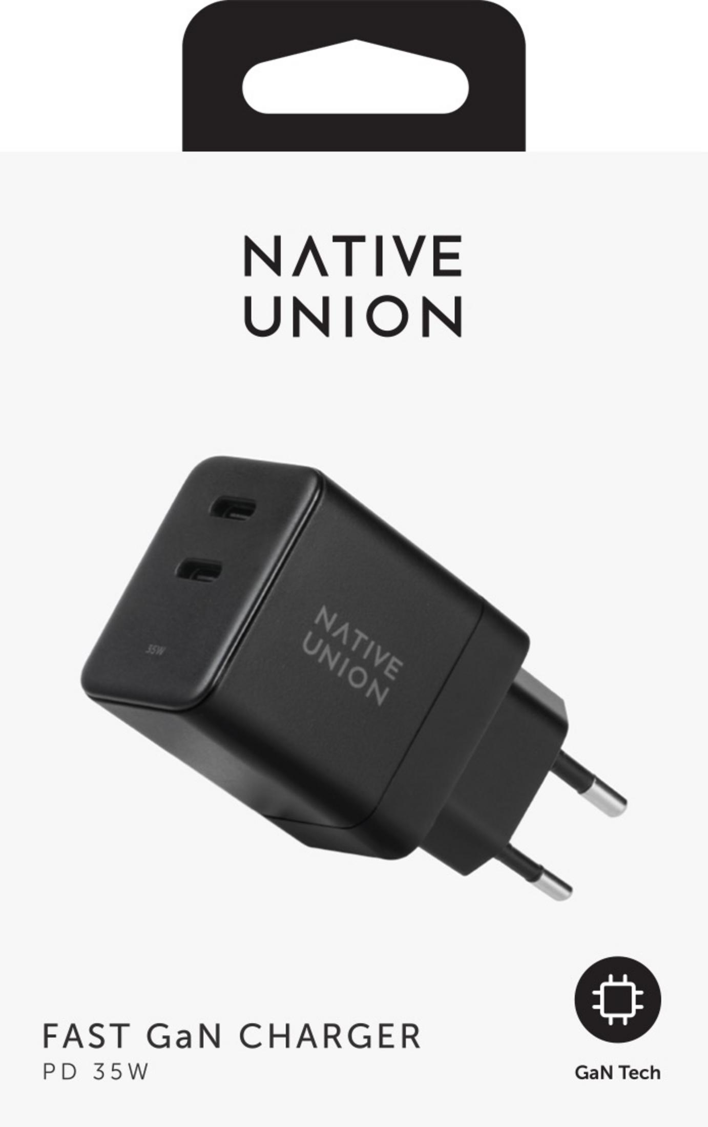 Caricabatterie rapido GaN nero Native Union con due porte USB-C e spina UE.