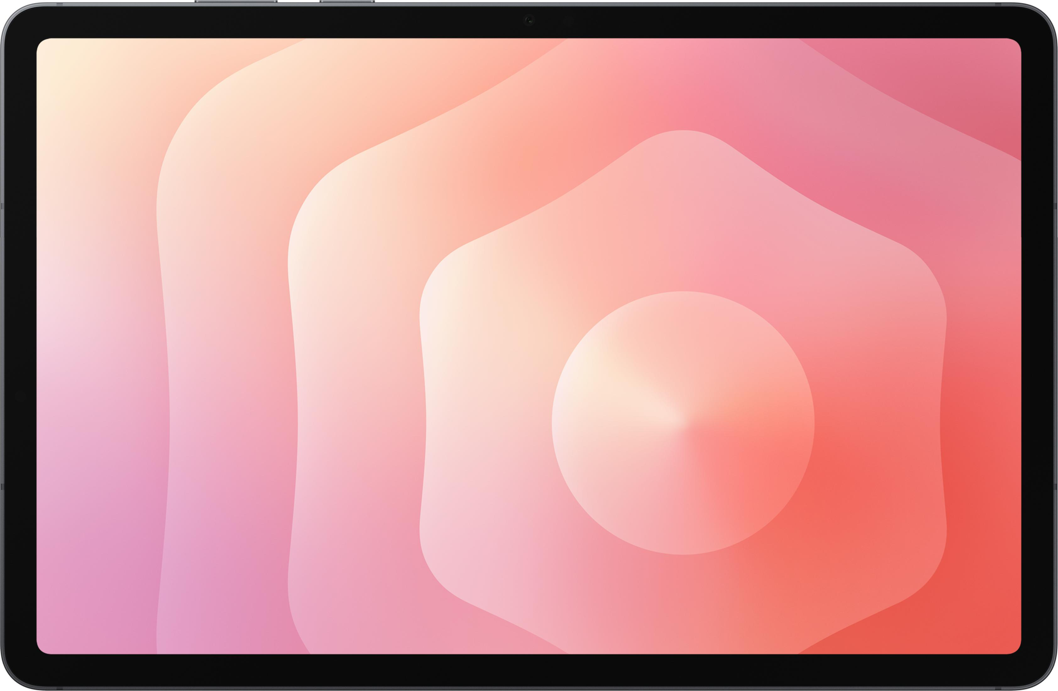 Tablet z geometrycznym, abstrakcyjnym tłem w odcieniach różu i pomarańczu.